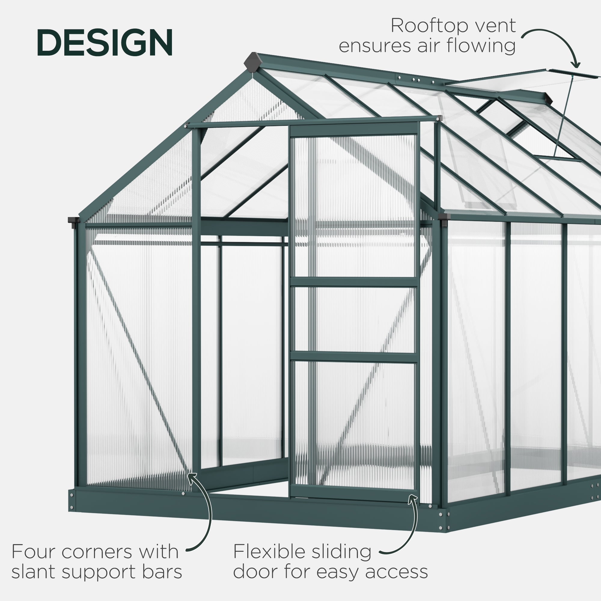 6' x 10' Greenhouse for Outdoors, Polycarbonate Greenhouse with Rain Gutter and Roof Vent, Aluminum Walk-in Green Houses for Outside for Patio Backyard Garden, Dark Green - Dark Green - Image 4