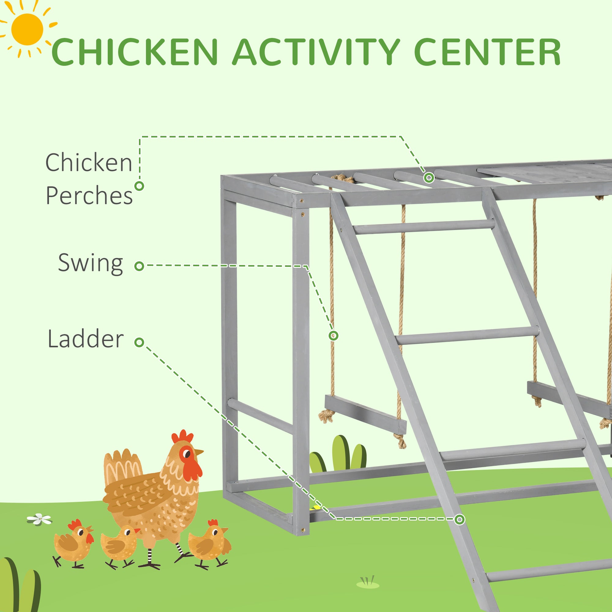 Chicken Activity Play with Swing Set for 3–4 Birds, Wooden Chicken Coop Accessory with Multiple Perches & Hen Ladder, Gray - Gray - Image 4