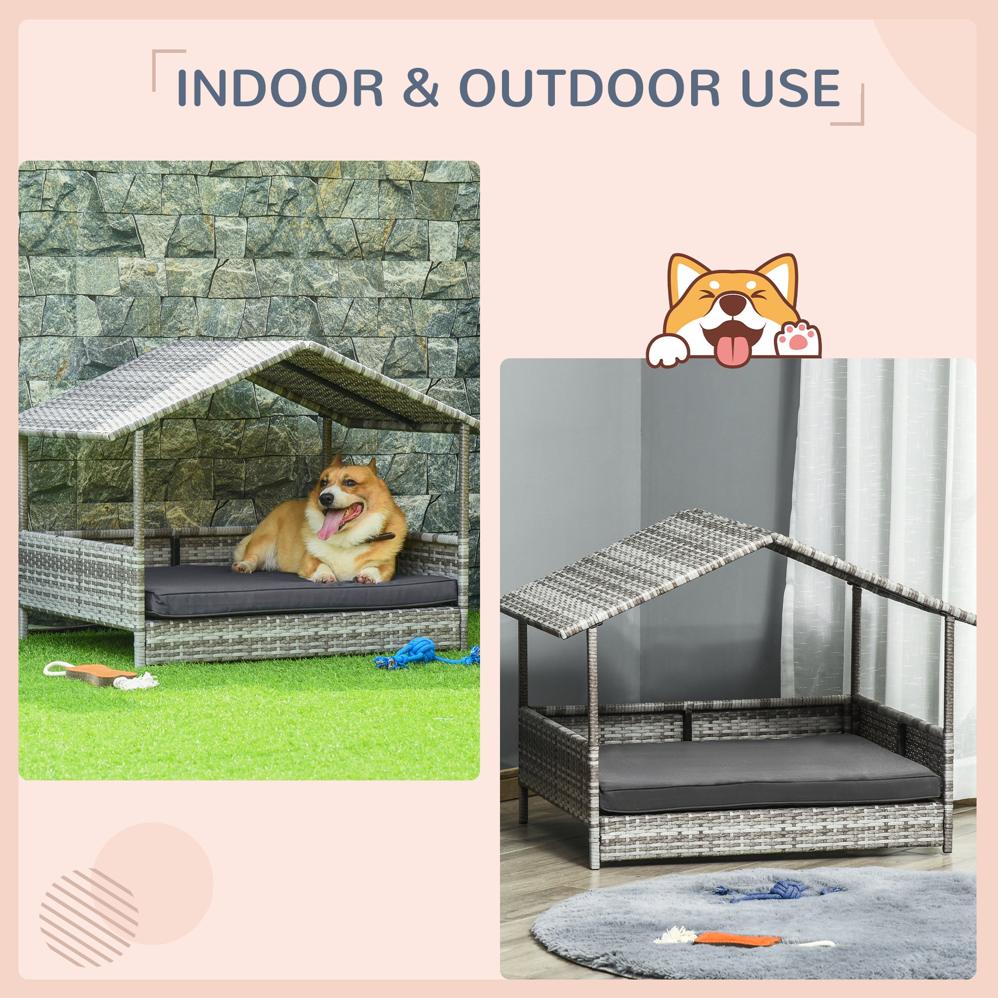Wicker Dog House Elevated Raised Rattan Bed with Removable Cushion Lounge, Charcoal Gray - Gray - Image 4