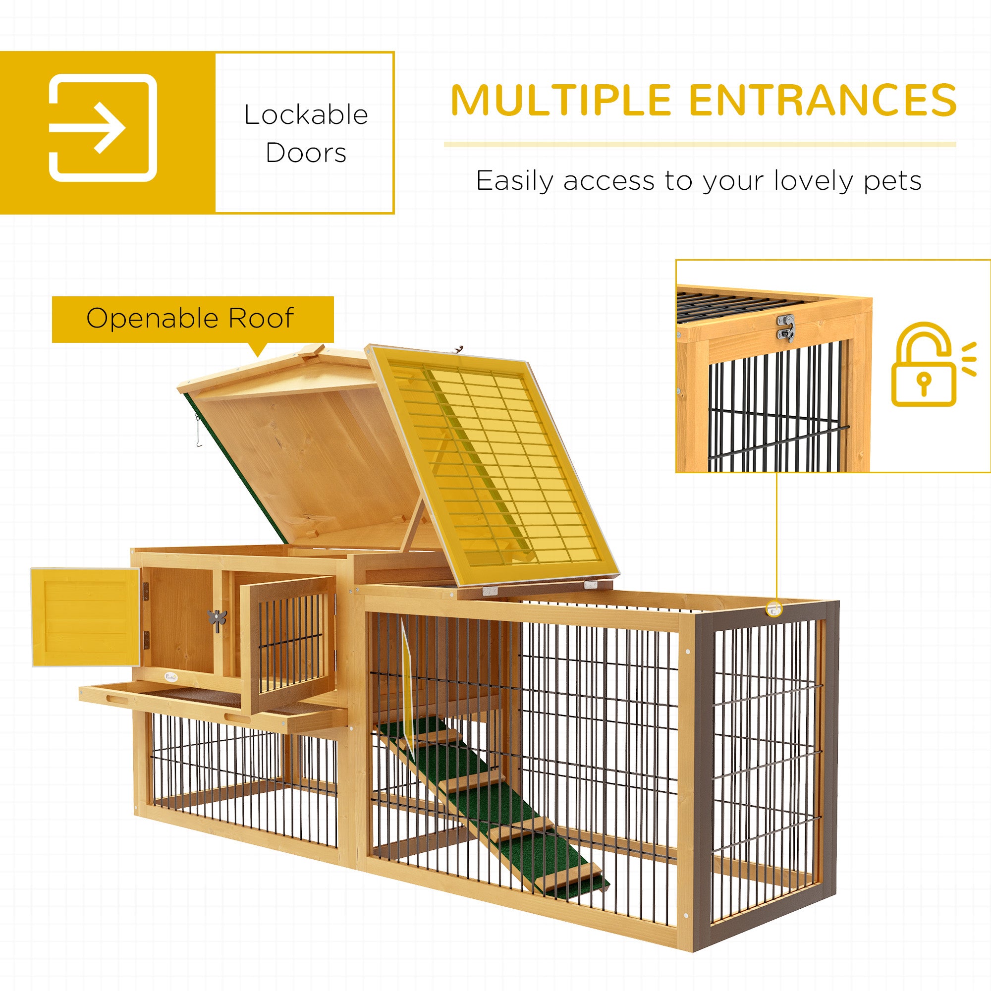 2 Level 59" Outdoor Rabbit Hutch with Openable Top, Yellow - Yellow - Image 5