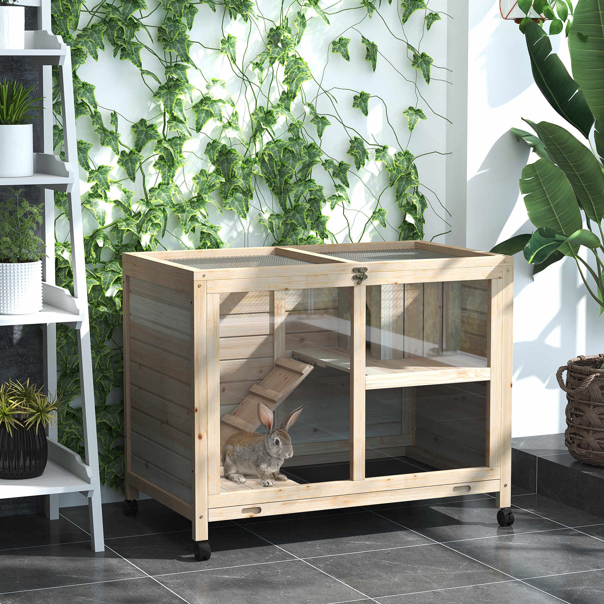 Rabbit Hutch with Wheels, Desk and Side Table Sized, Wooden Rabbit Cage, Waterproof Small Bunny Cage with Removable Tray, Openable Roof, for Rabbits, Chickens, Ducks, Indoor/Outdoor, Natural - Natural Wood - Image 2