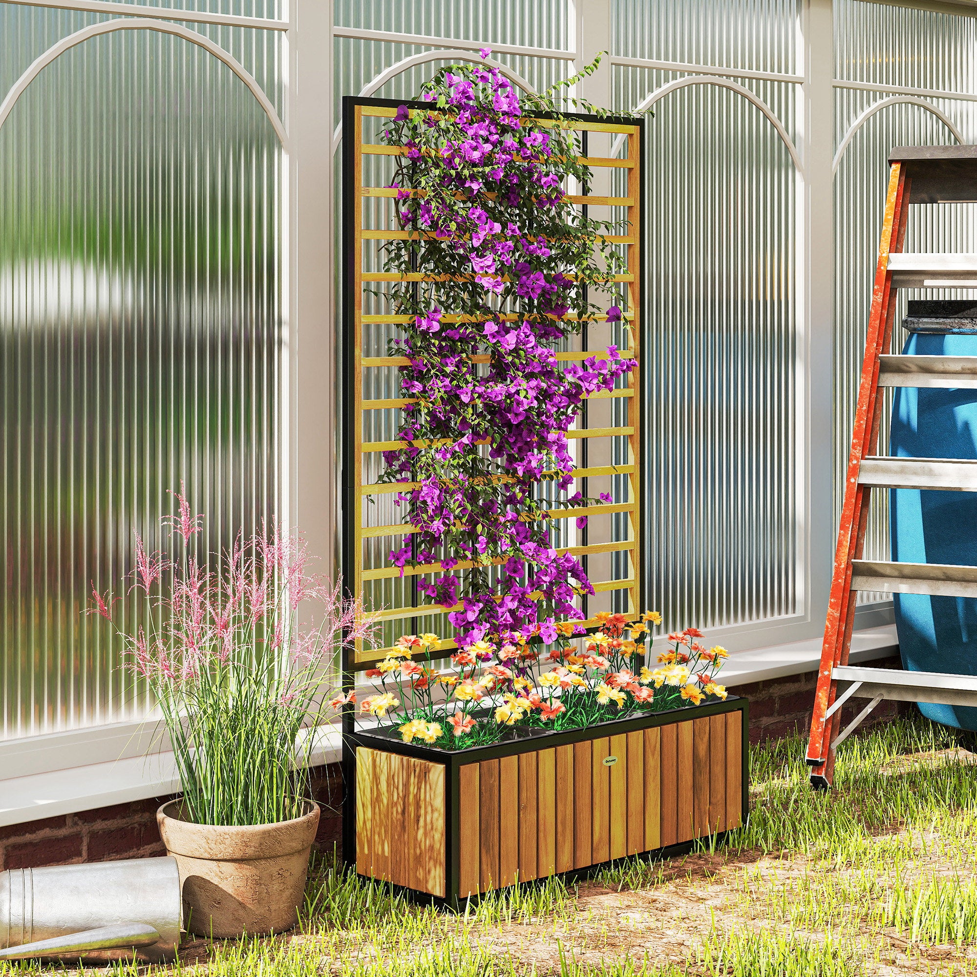 Wooden Raised Garden Bed with Trellis, Removable Pots for Backyard, Patio, Balcony, 29" x 11" x 52", Teak - Teak - Image 2
