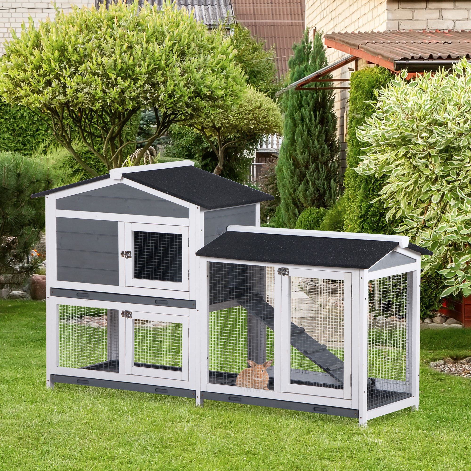 2-tier Indoor Rabbit Enclosure, Wood Hutch Backyard Small Animal House Ramp Outdoor Run Enclosed - Grey - Image 2