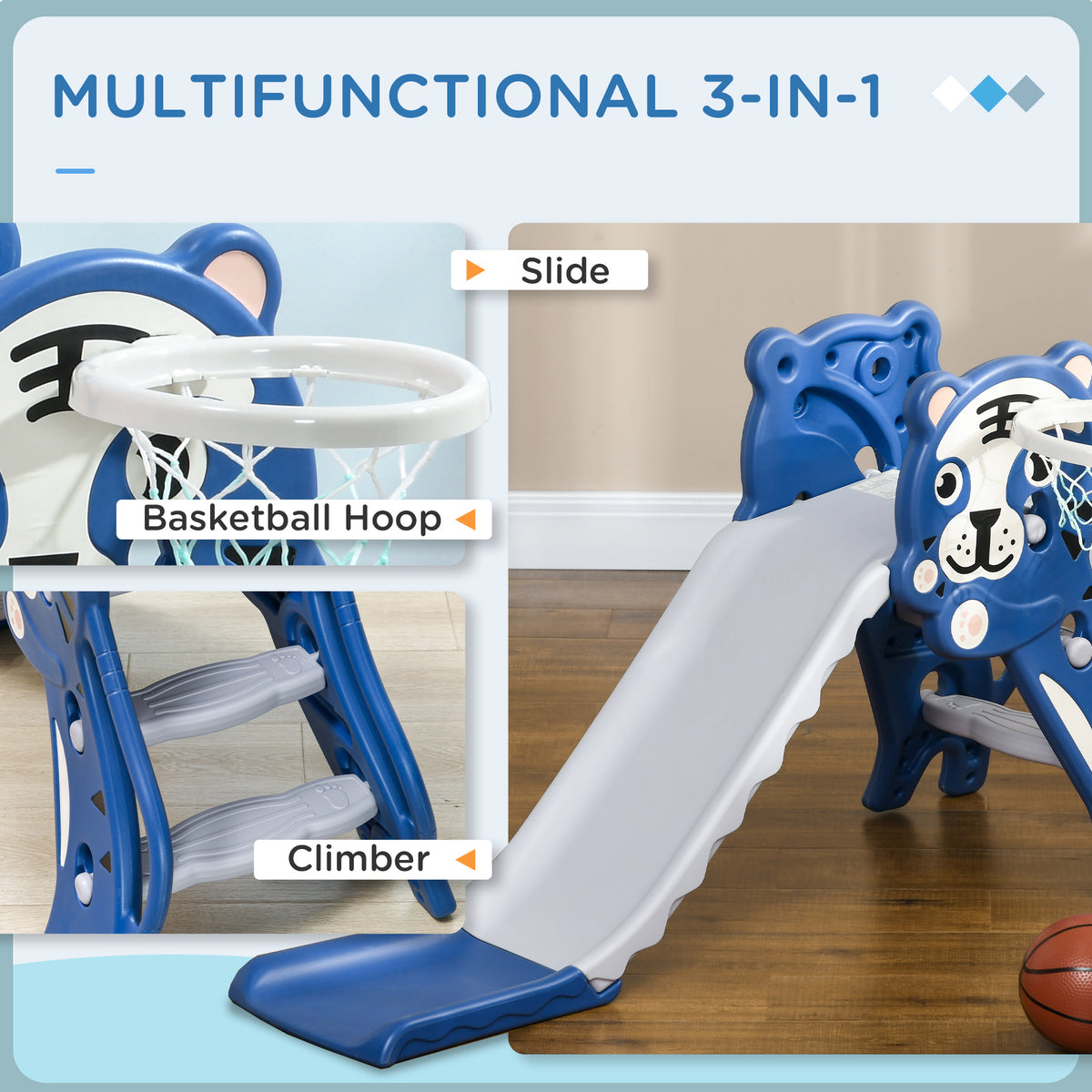 Qaba Slide for Kids with Basketball Hoop for Indoor Use, Easy Set Up Baby Slide for Kids 18-36 Months, Blue