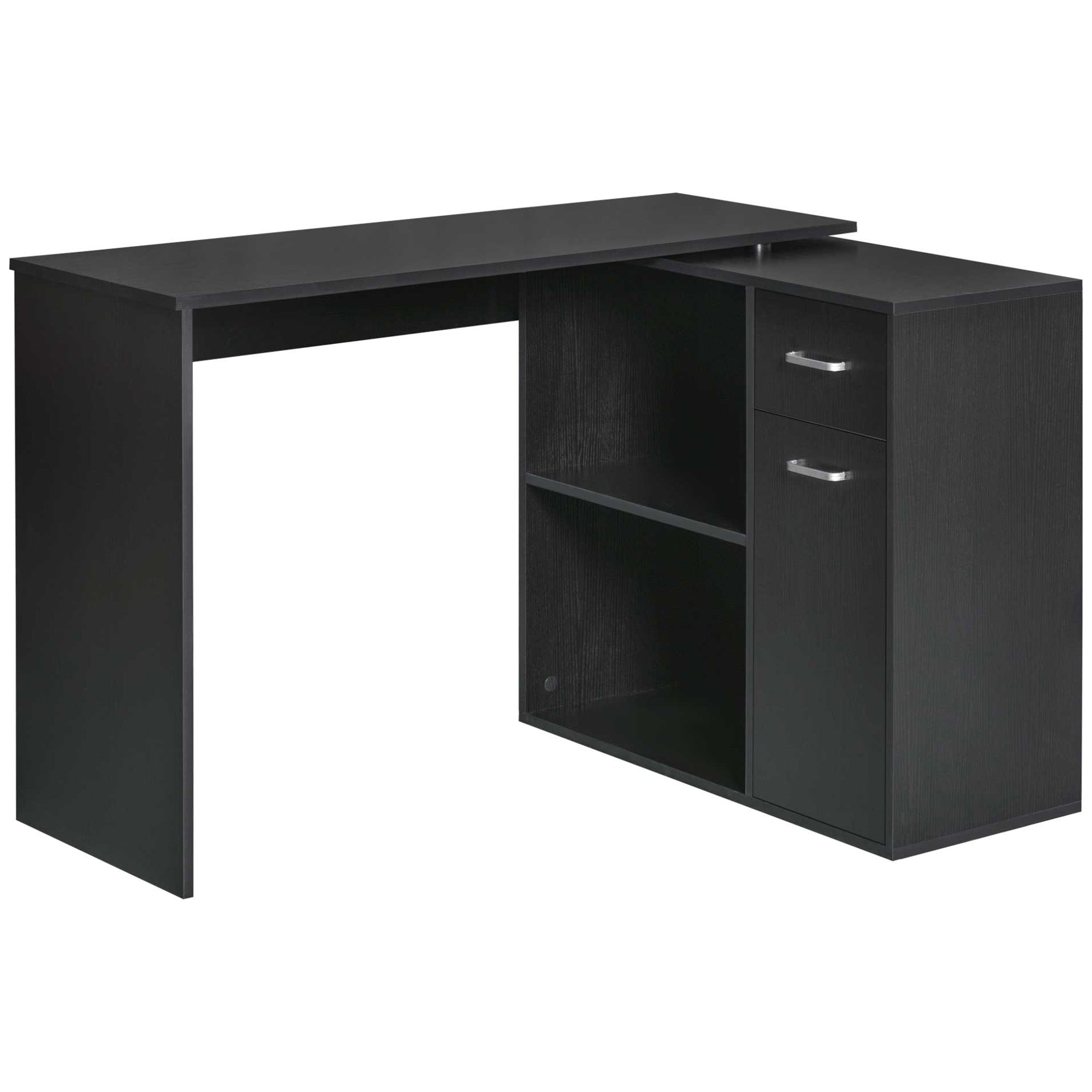 L Shaped Computer Desk, 180° Rotating Corner Desk with Storage Shelves, Drawer and Cabinet, Study Workstation for Home Office, Black