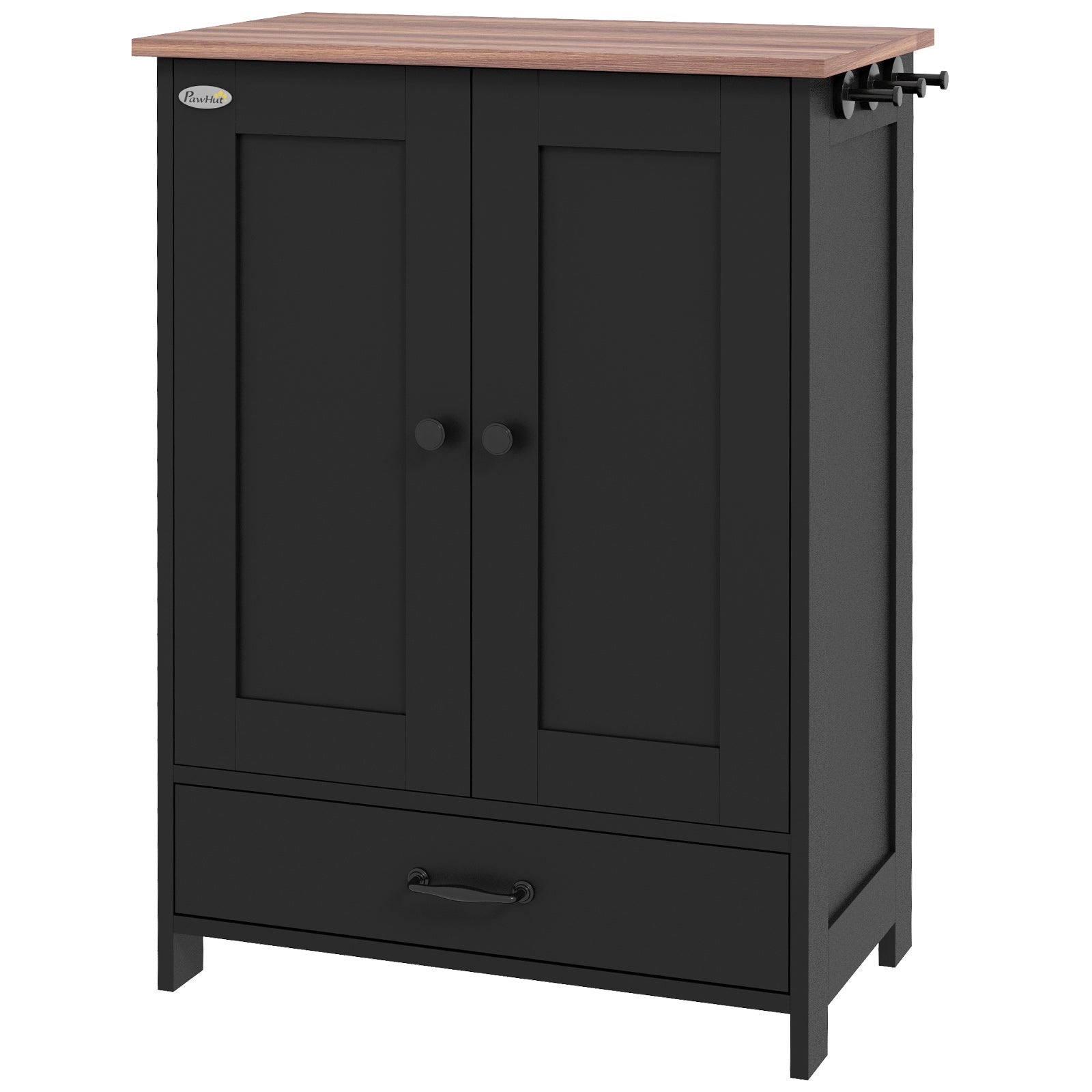 Pet Feeding Station, Dog Food Storage Cabinet w/ Raised Dog Bowls, Adjustable Panel, Hooks for Medium Dogs, Black