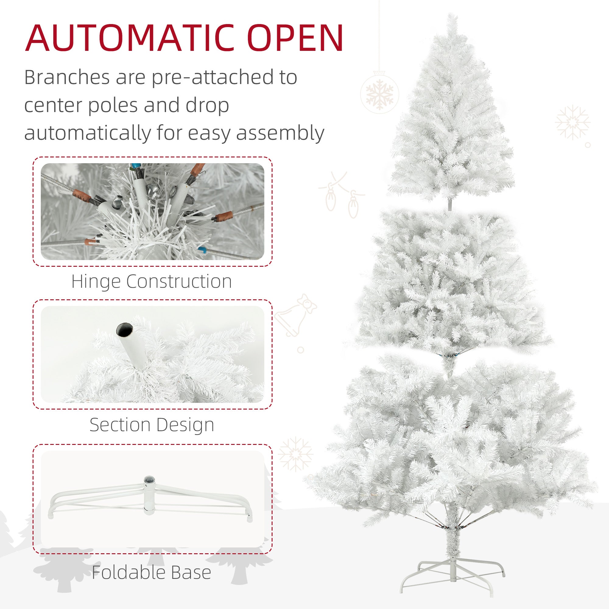 6ft Unlit Artificial White Christmas Tree, Holiday Decor with 1000 Branch Tips, Auto Open and Steel Base