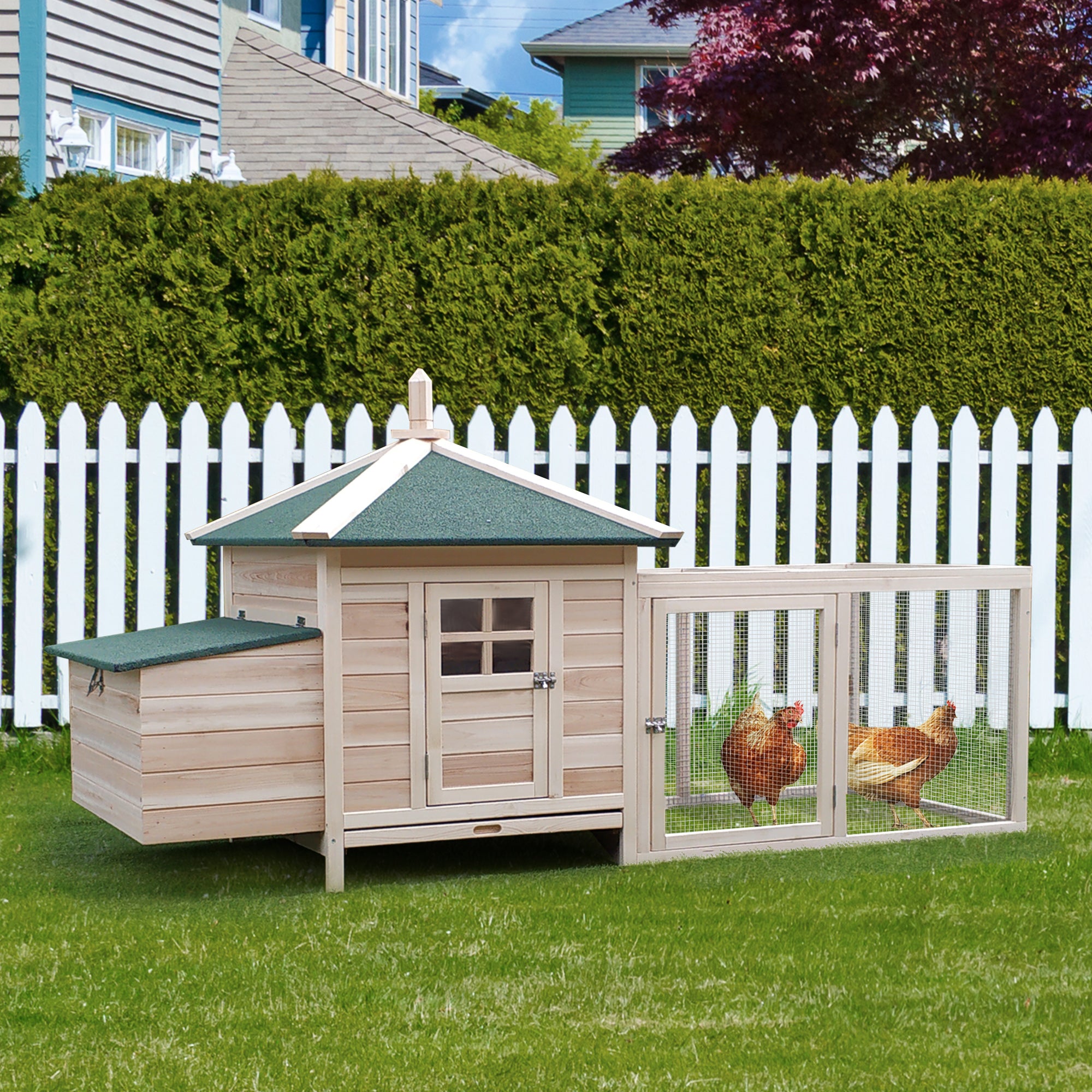 77" Wooden Chicken Coop with Nesting Box, Cute Outdoor Hen House with Removable Tray, Ramp Run, for Garden Backyard, Natural - Natural Wood - Image 2