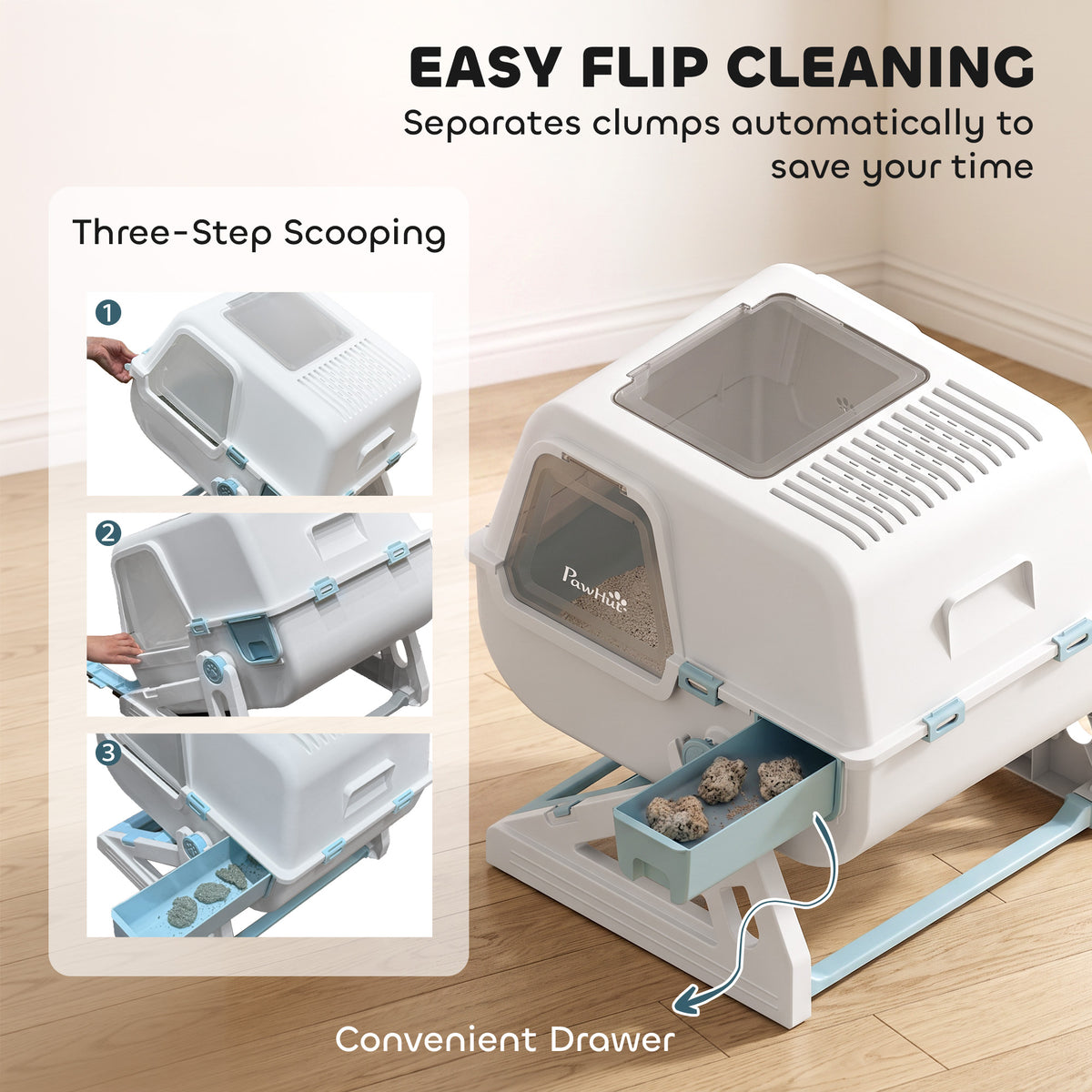 Semi-Automatic Quick Cleaning Cat Litter Box with Lid, Enclosed Cat Litter Box, Flip-to-Clean, Light Blue