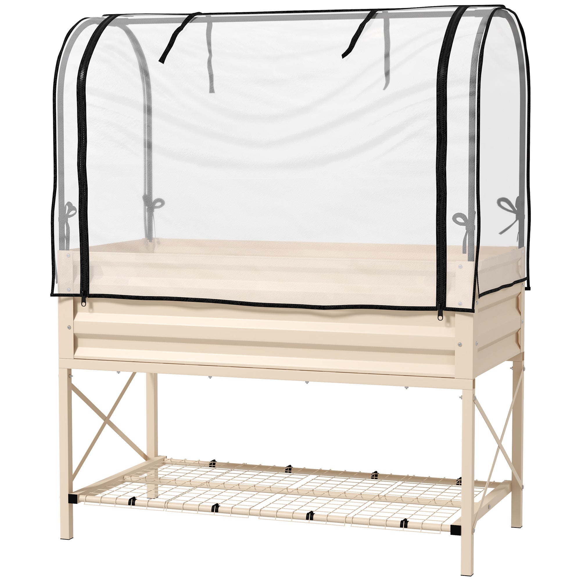 Raised Garden Bed with Legs and Cover, Metal Elevated Planter Box with Bottom Shelf and Liner for Vegetables, Cream - Cream White