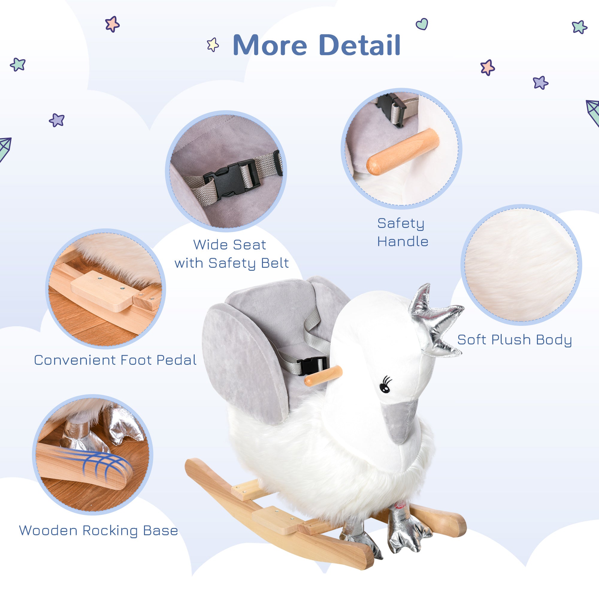 Kids Ride on Horse Swan Rocker with Sound, Plush Seat, Wooden Base, Safety Belt for Toddlers 18-36 Months, White