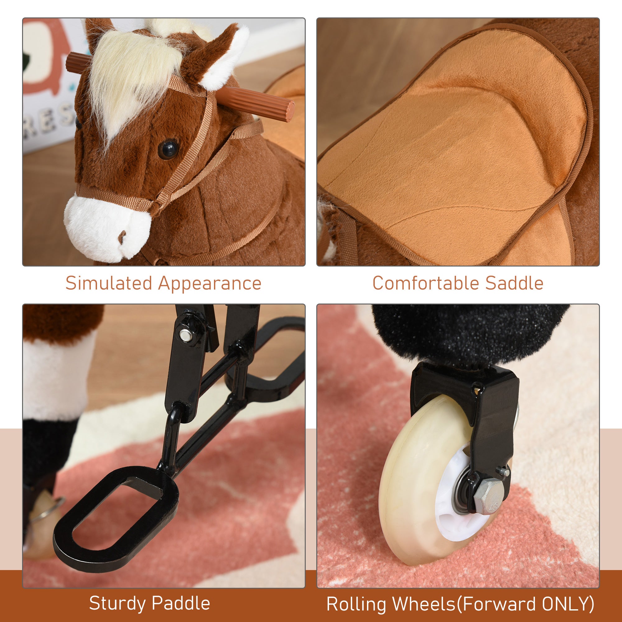 Kids Ride-on Walking Horse with Easy Rolling Wheels, Soft Huggable Body, & a Large Size for Kids 5-16 Years