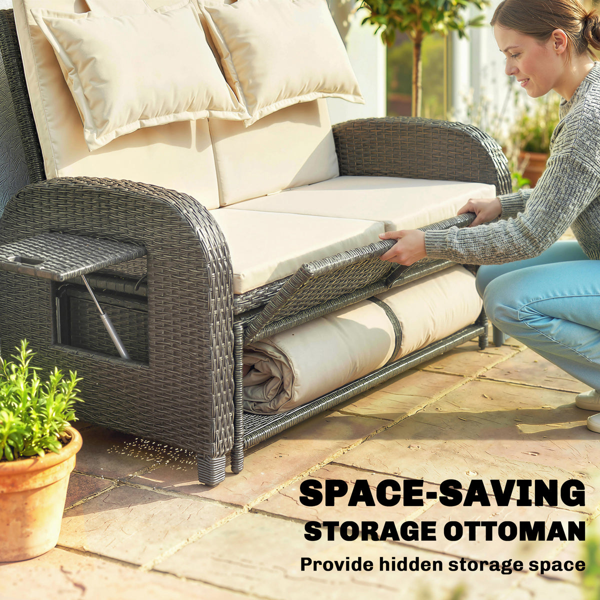 Patio Rattan Daybed, Wicker Outdoor Daybed with Storage Ottoman, Loveseat w/ Adjustable Backrest, Beige