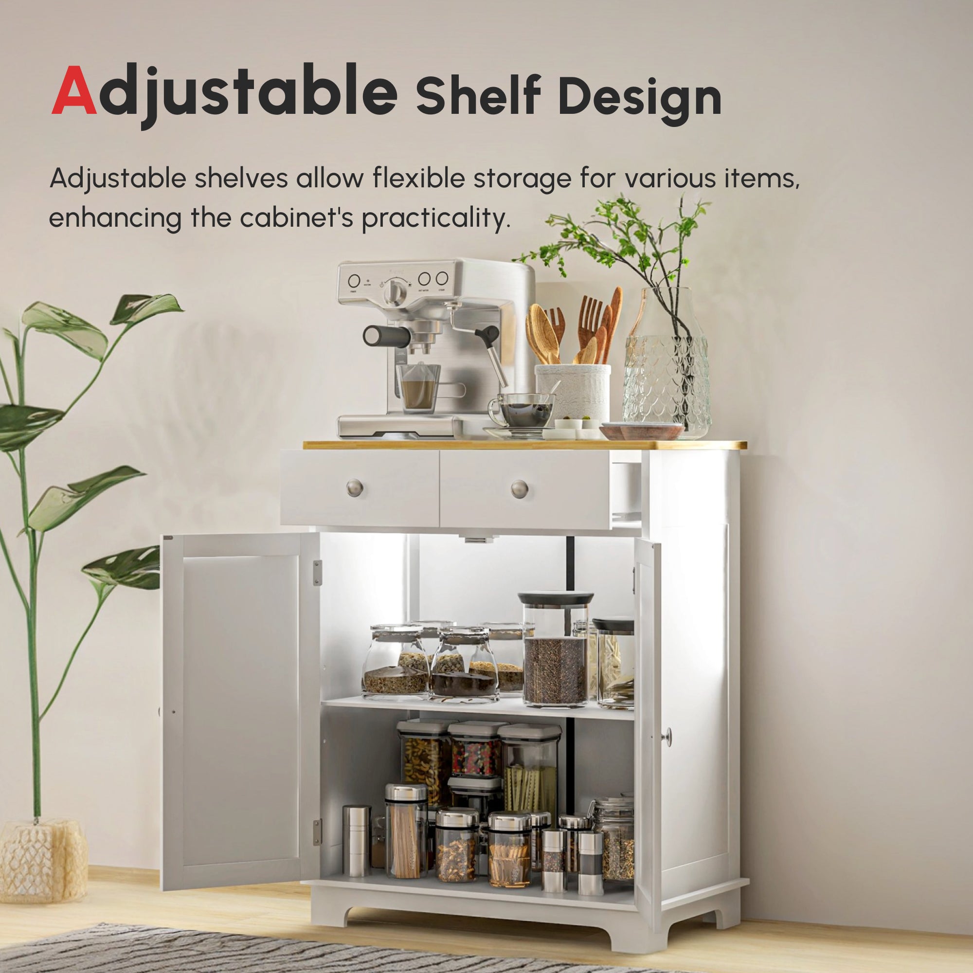 Kitchen Storage Cabinet, Sideboard Floor Cupboard with Solid Wood Top, Adjustable Shelf, and 2 Drawers, Distressed White