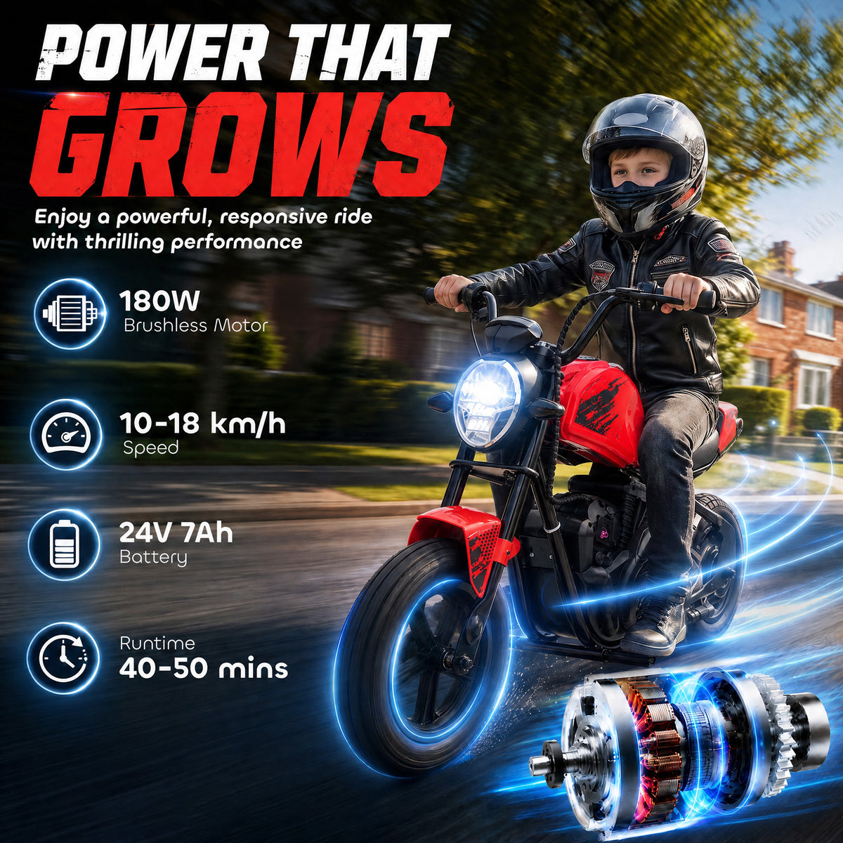 24V Kids Electric Motorcycle with 180W Motor, 12" Rubber Tires, Up to 11MPH, Twist Throttle for Ages 6-12, Red