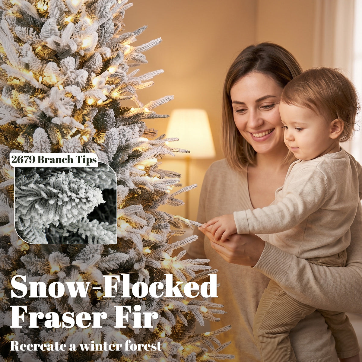 7ft Flocked Prelit Christmas Tree, Hinged Xmas Tree with 2679 Tips, 350 Warm White LED Lights, Green White