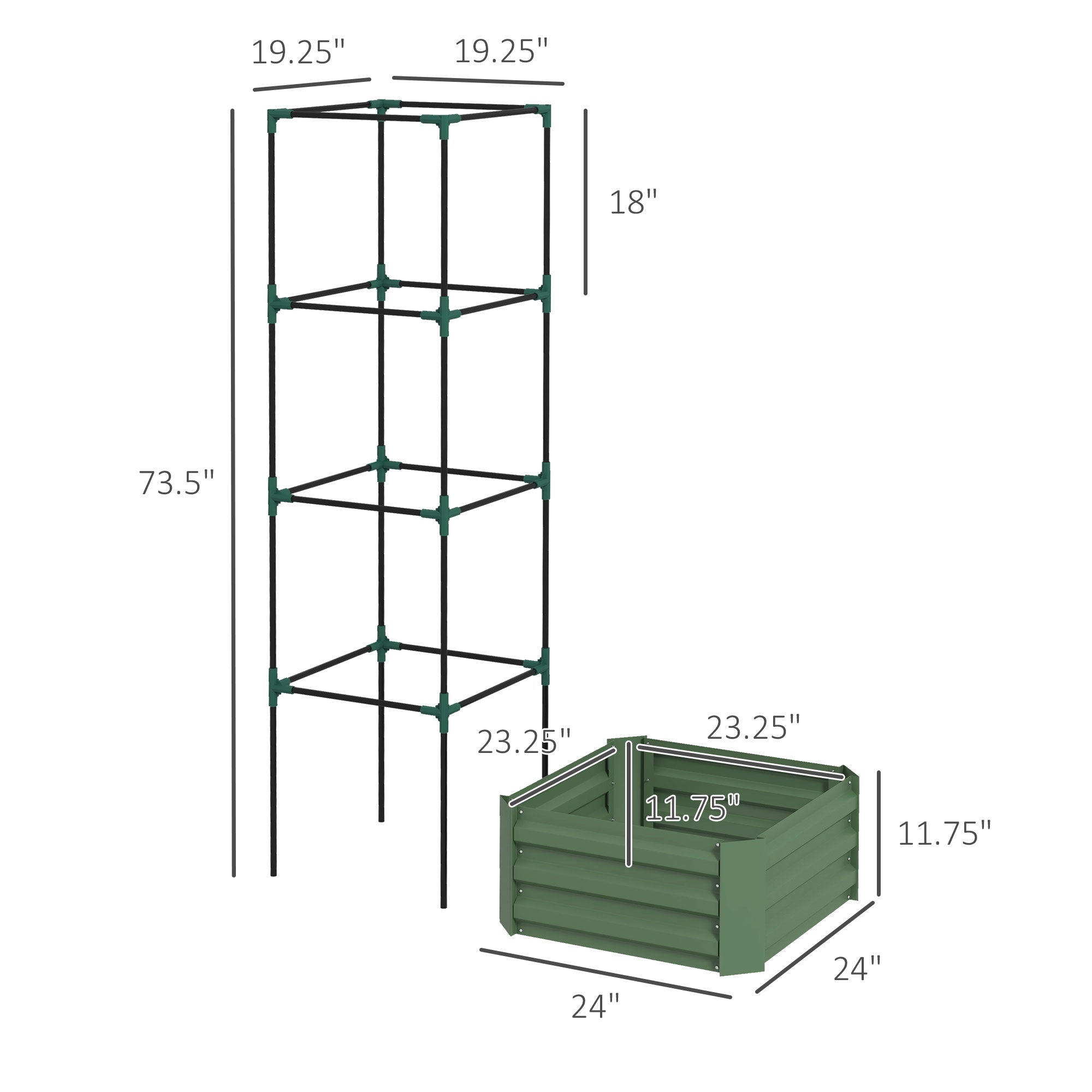 Galvanized Planter Box, 24" x 24" x 73.5" Raised Garden Bed with Tomato Cage for Climbing Vines, Green - Green - Image 3