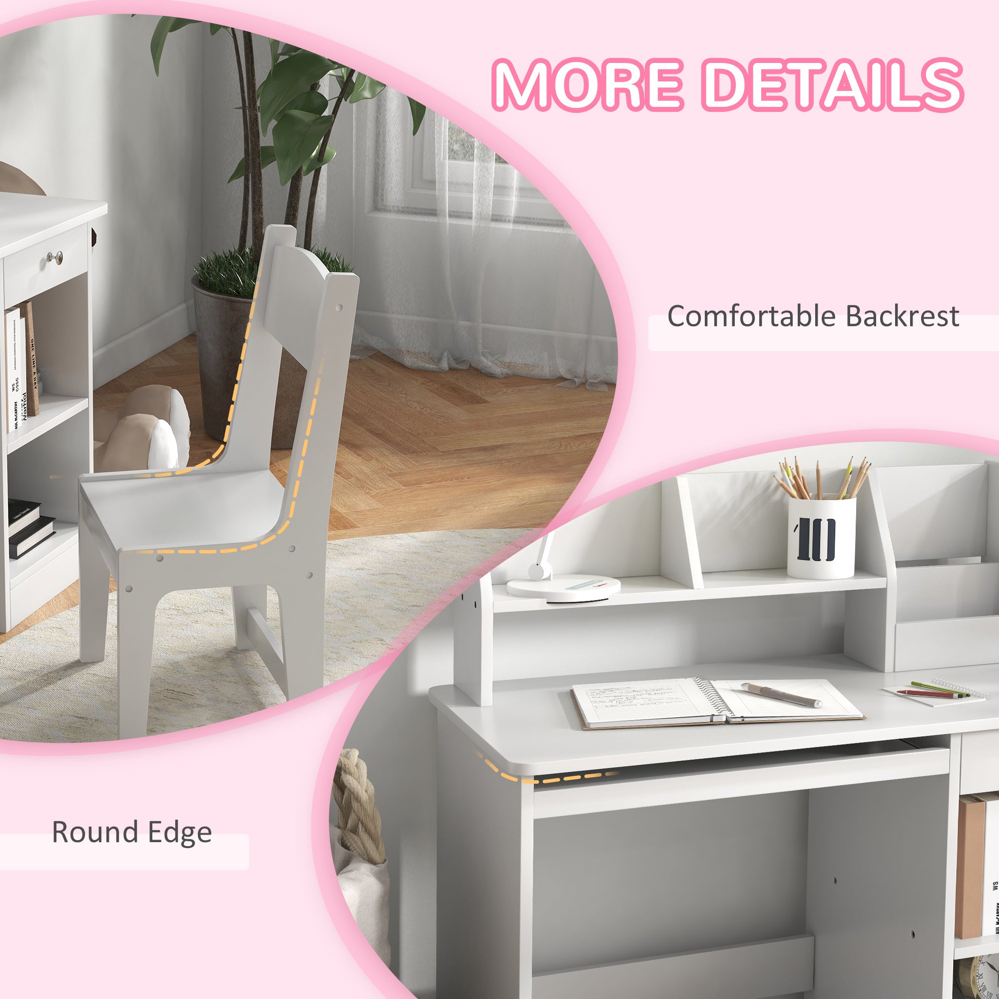 Kids Desk and Chair Set 5-8 Year Old with Storage, White