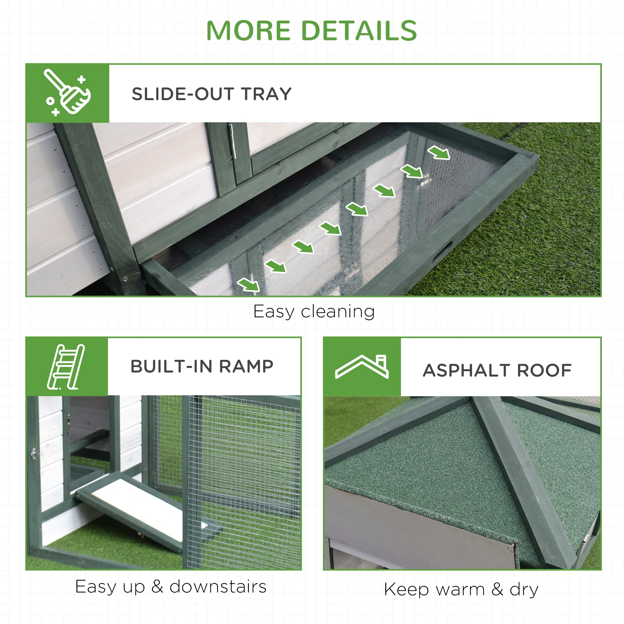 77" Wooden Chicken Coop Hen House Poultry Cage with Weatherproof Roof, Nesting Box, Enclosed Run and Removable Tray for Outdoor Backyard, Green - White - Image 7