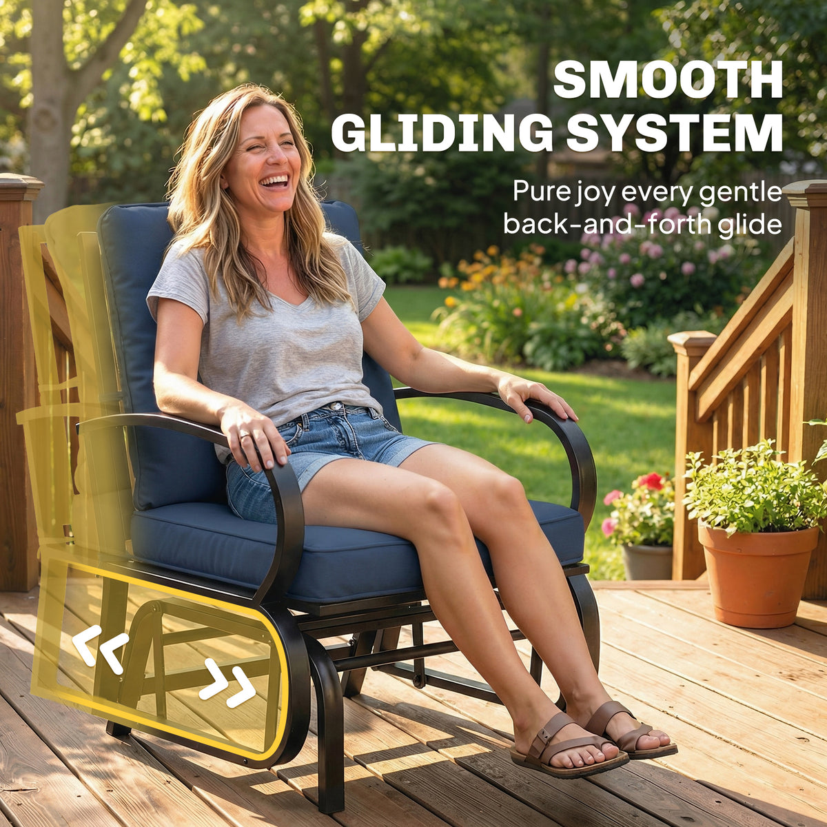 Patio Glider, Outdoor Glider Chair with Cushions, Steel Frame, Curved Armrests, Dark Blue