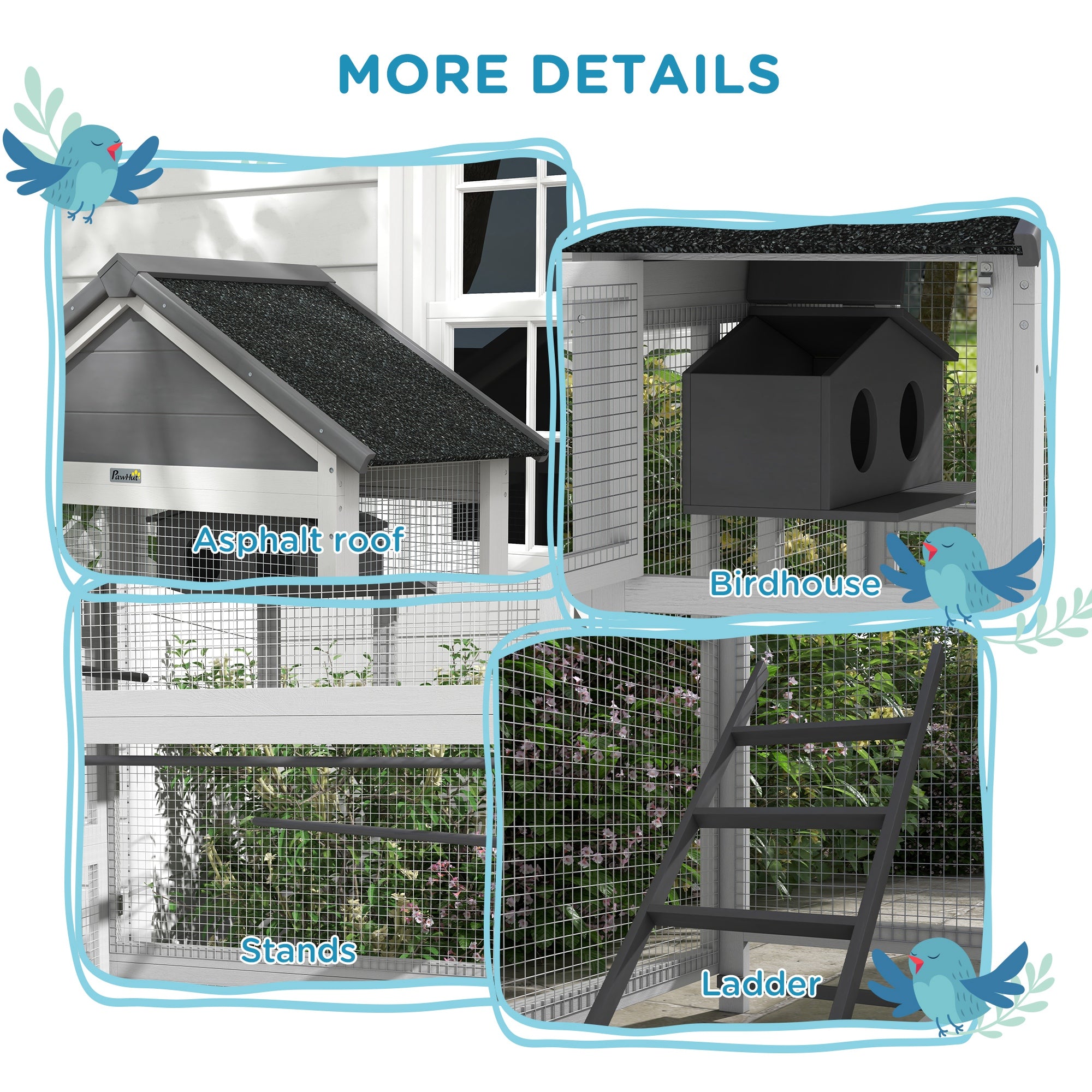 Wooden Bird Aviary with Slide-Out Tray, Birdhouse, Ladder, Perches for Finches, Parakeets, Gray - Gray - Image 7