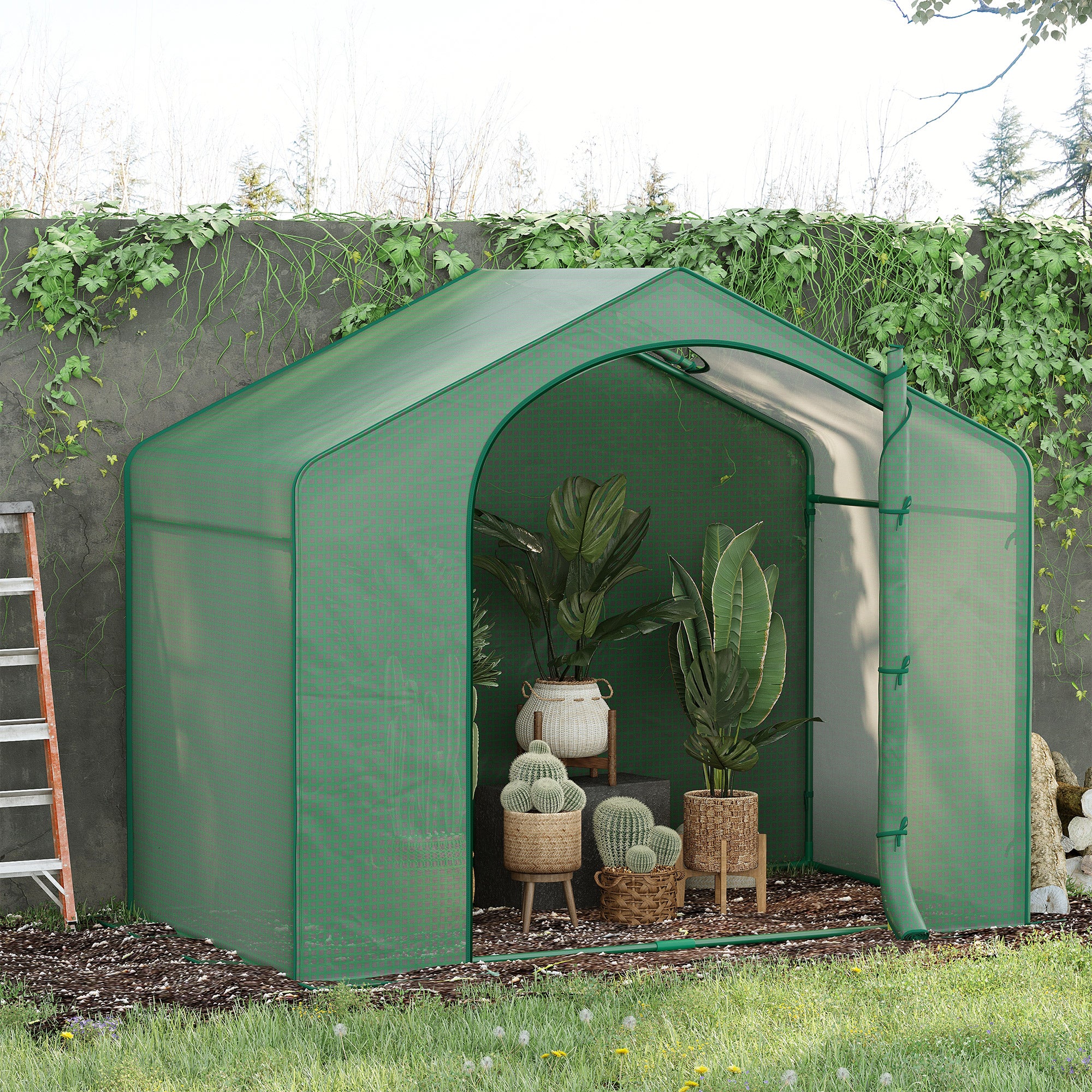 6' x 3' x 5' Portable Walk-in Greenhouse, PE Cover, Steel Frame Garden Hot House, Zipper Door, Top Vent for Flowers, Vegetables, Saplings, Tropical Plants, Green - Green - Image 2