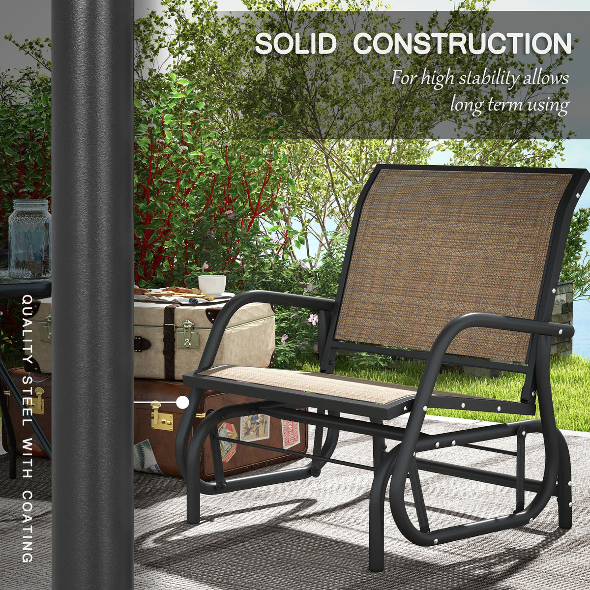 2 Pieces Outdoor Glider Chair, Steel Swing Chai with Curved Armrests for Porch, Garden, Poolside, Balcony, Mixed Brown