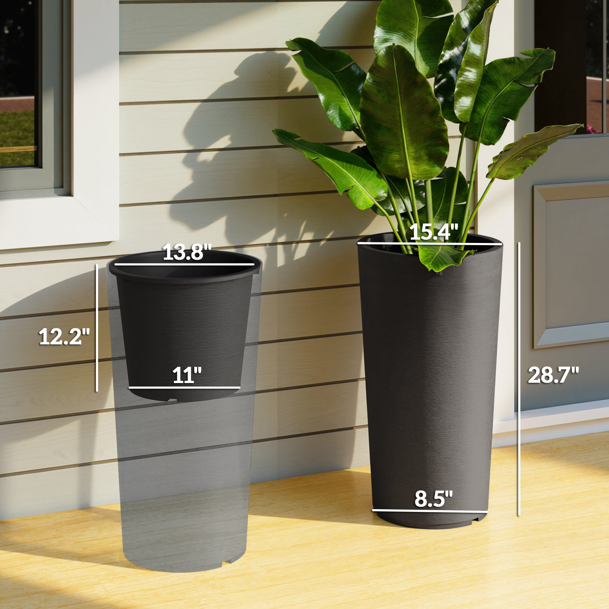 29 Inch Outdoor Planter, Set of 2 Plastic Flower Pots, Weather and UV Resistant Stackable Large Planters, Black - Black - Image 3