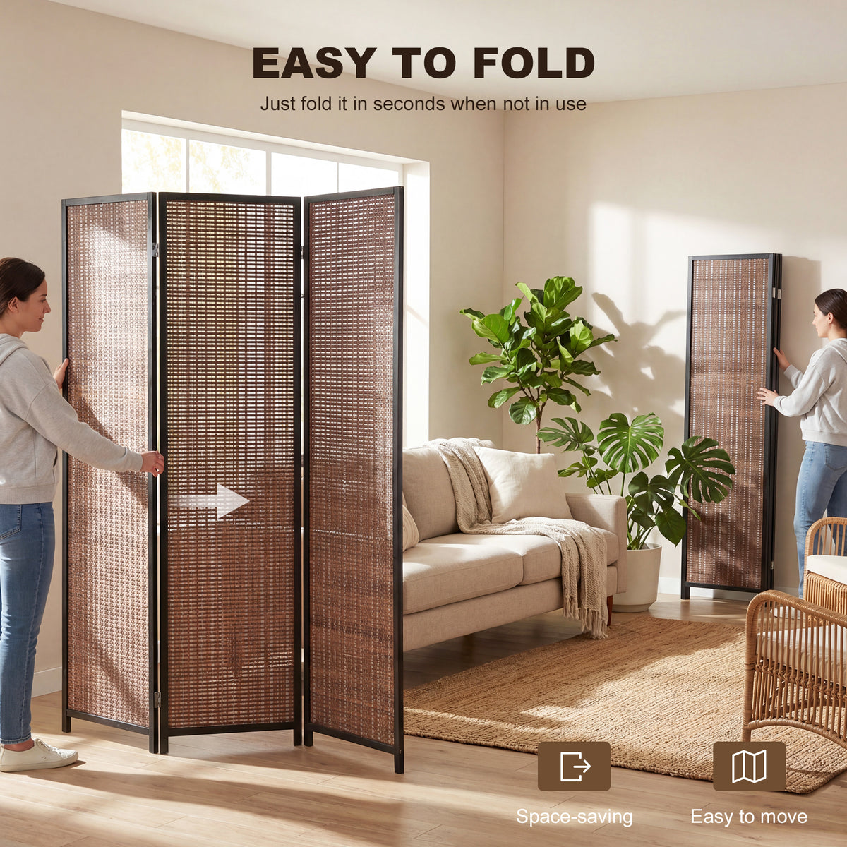 Room Divider Folding Privacy Screen Freestanding 3 Panel Pine Wood for Bedroom Home Office 6 Ft Tall Black Brown