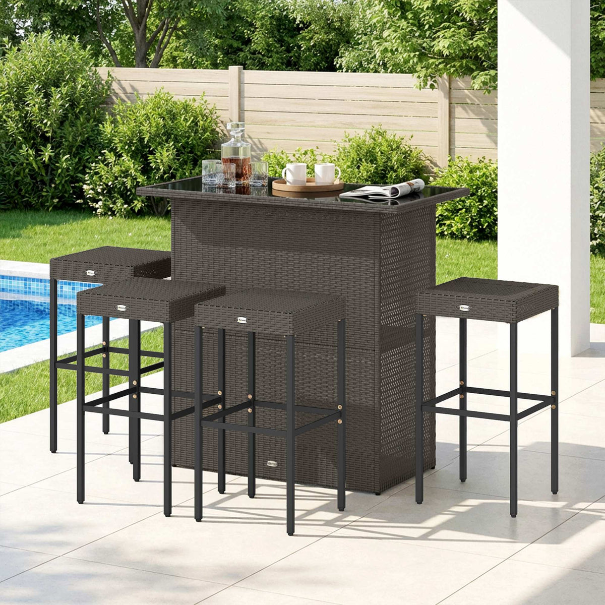 5 Piece Rattan Wicker Bar Set, High Top Outdoor Table and Chairs, Bar Height Patio Set, 2 Shelves & 4 Bar Stools, Brown