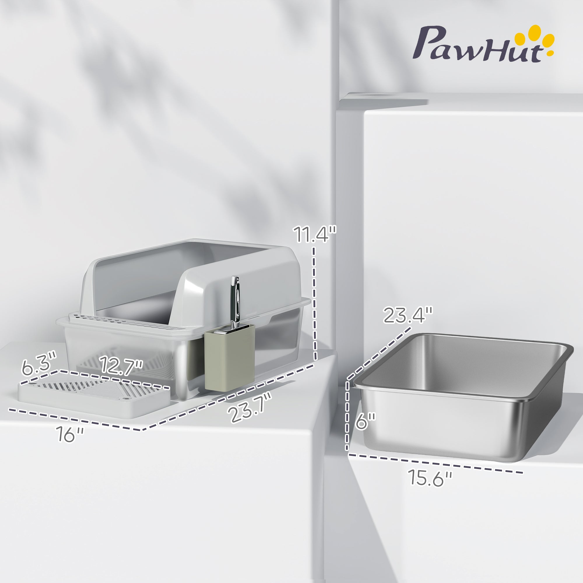 Stainless Steel Litter Box with Metal Scoop & Scoop Holder, High Sided, Anti-Urine Leakage, Non-Sticky - Light Gray - Image 3