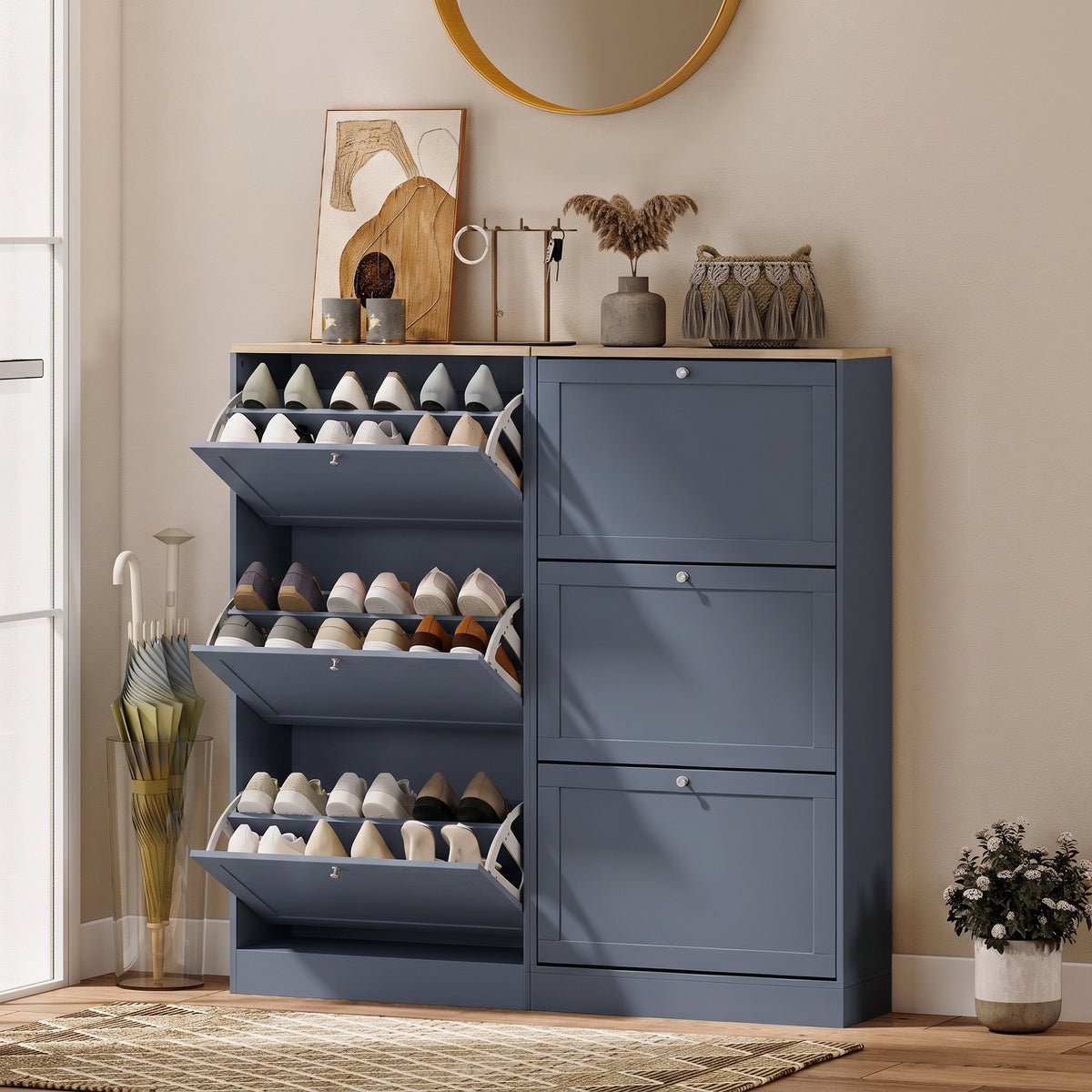 Modern Shoe Storage Cabinet with 3 Flip Drawers and Adjustable Shelves for 12-18 Pairs of Shoes, Blue