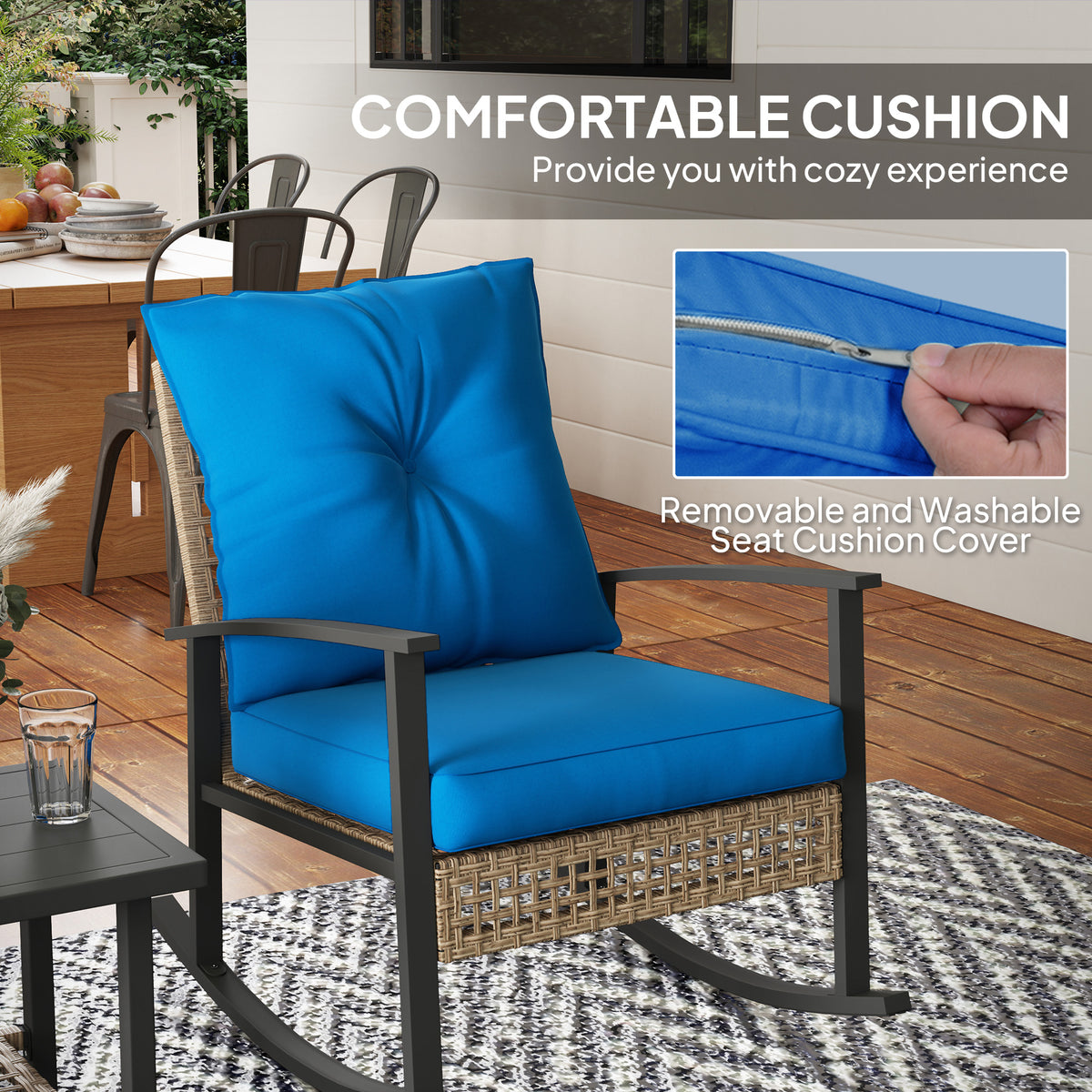 3 Pieces Bistro Set, Patio Wicker Furniture Set with Button Tufted Cushions, Rattan Rocking Chairs, Coffee Table, Blue