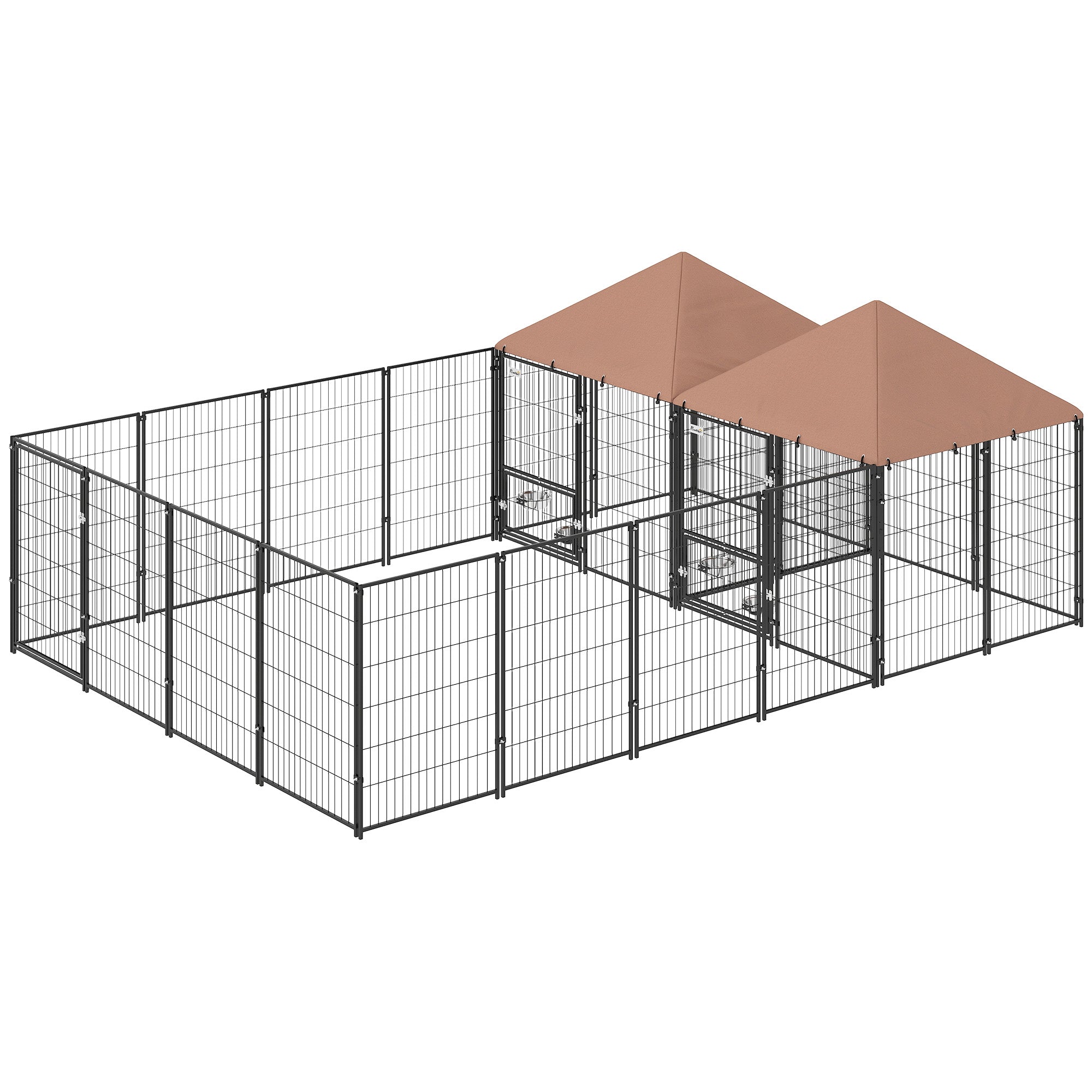 Large Outdoor Dog Kennel with 2 Rooms, Rotating & Adjustable Height Bowls, 13.5' x 9.4' x 5.1' - Coffee