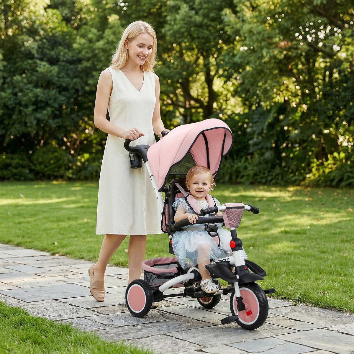Qaba 6 in 1 Kids Tricycle with Adjustable Push Handle, Removable Canopy, Reversible Seat, for 1-5 Years, Pink