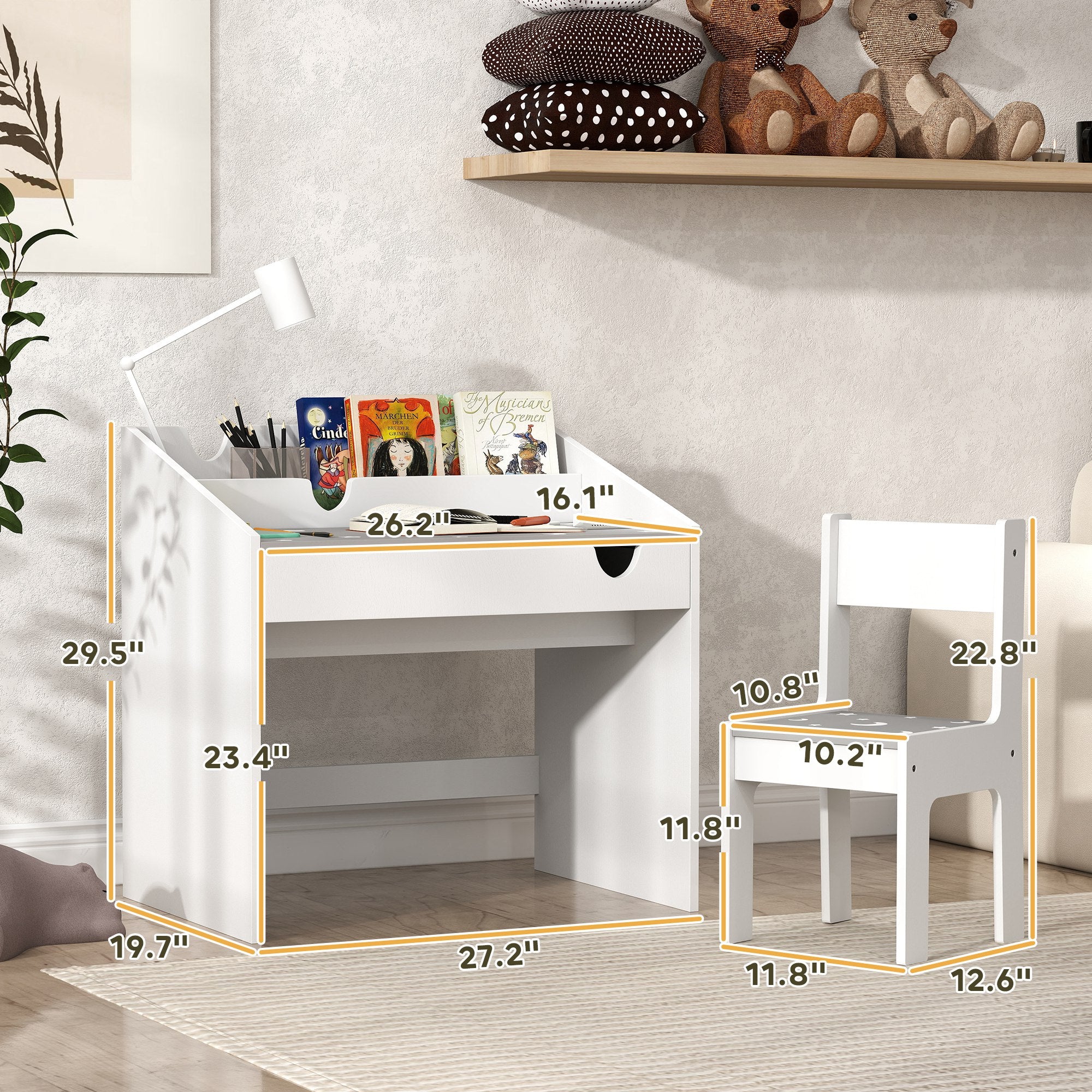 Kids Study Desk with Storage, Kids Desk and Chair Set for Bedroom & Study Room, Aged 3-6 Years, Gray