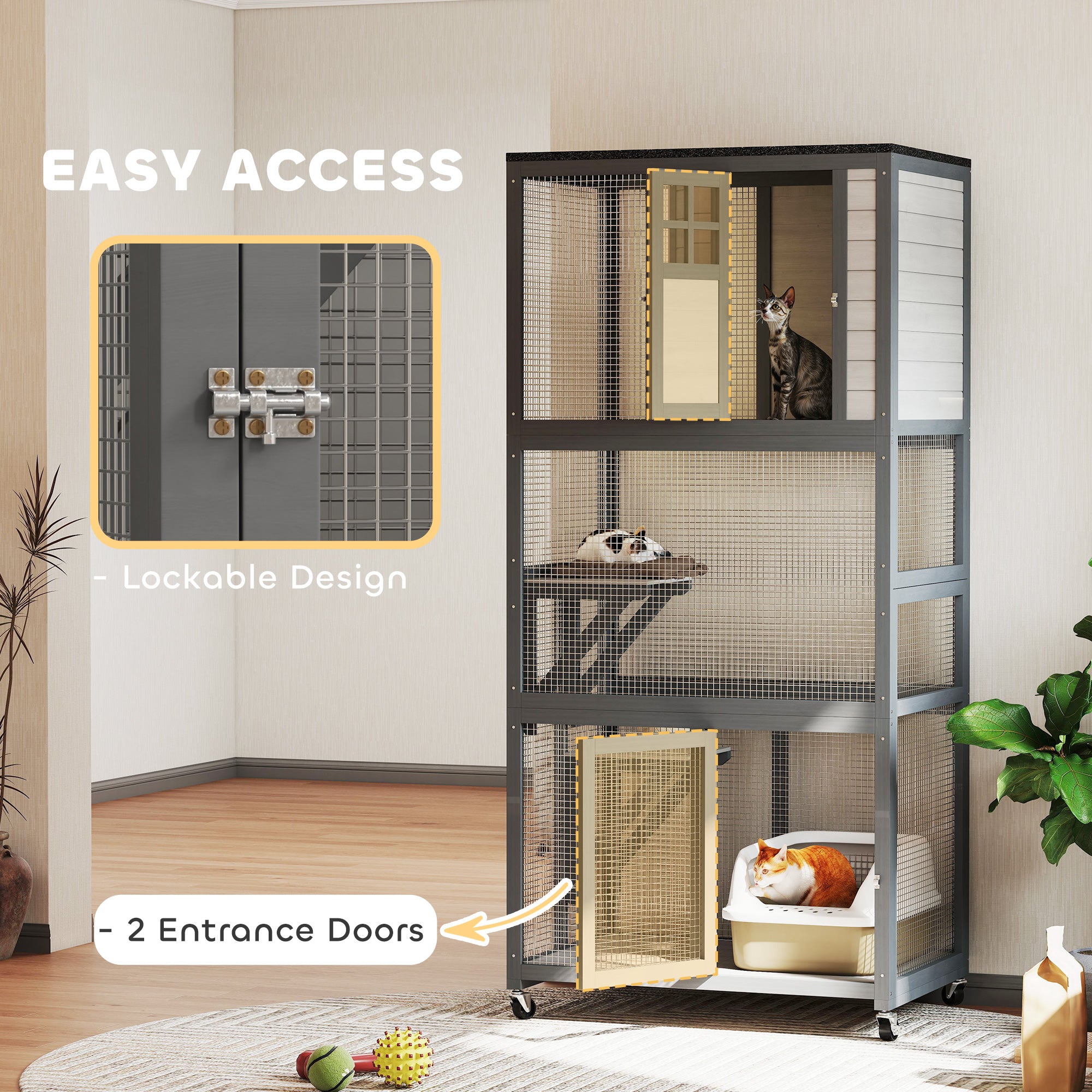 74" Wooden Outdoor Cat House Catio with High Weight Capacity, Cat Cage Condo, Dark Gray - Light Gray - Image 7