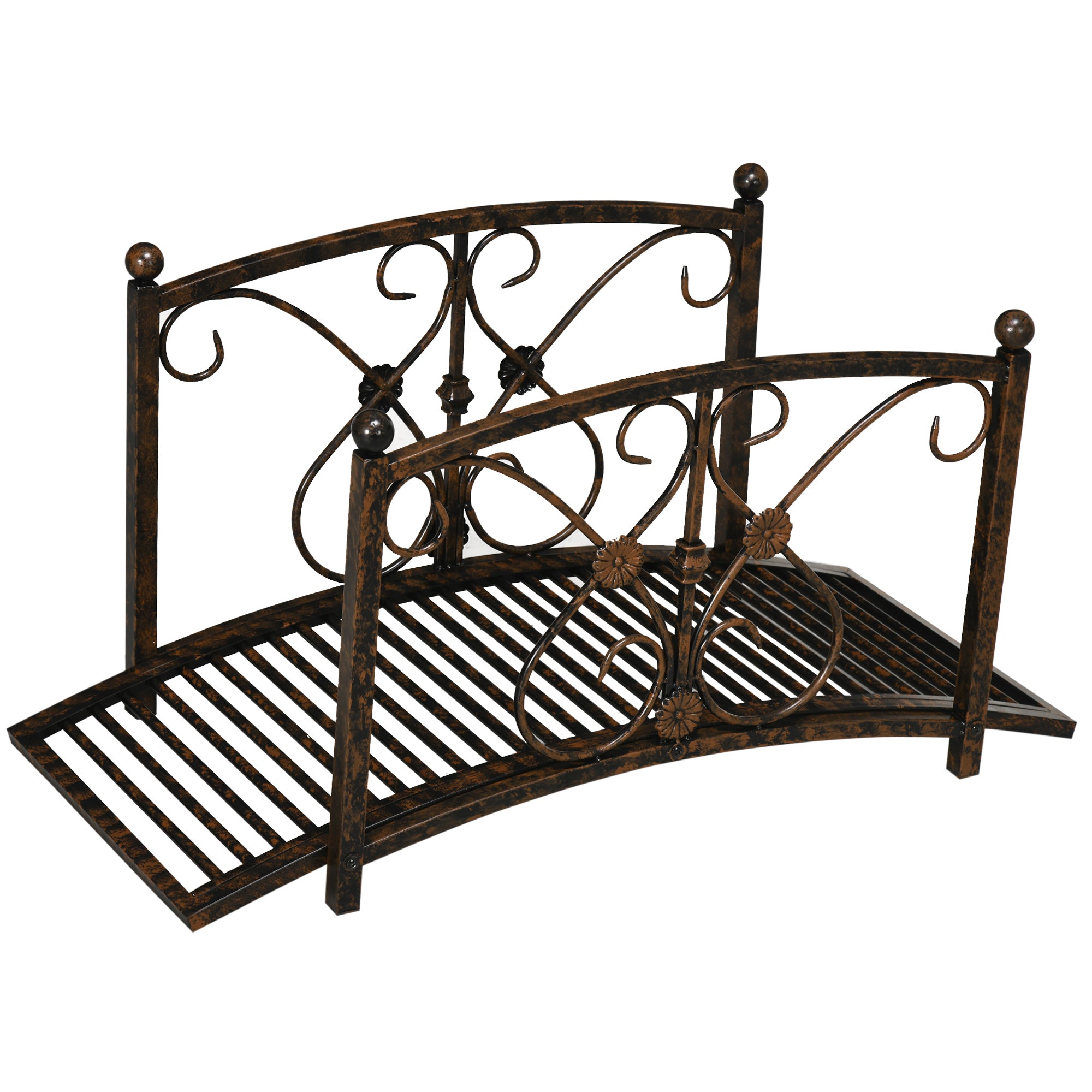 3.3' Metal Garden Bridge, Decorative Classic Footbridge Pond Bridge with Safety Railings for Backyard Garden Creek, Rust Brown
