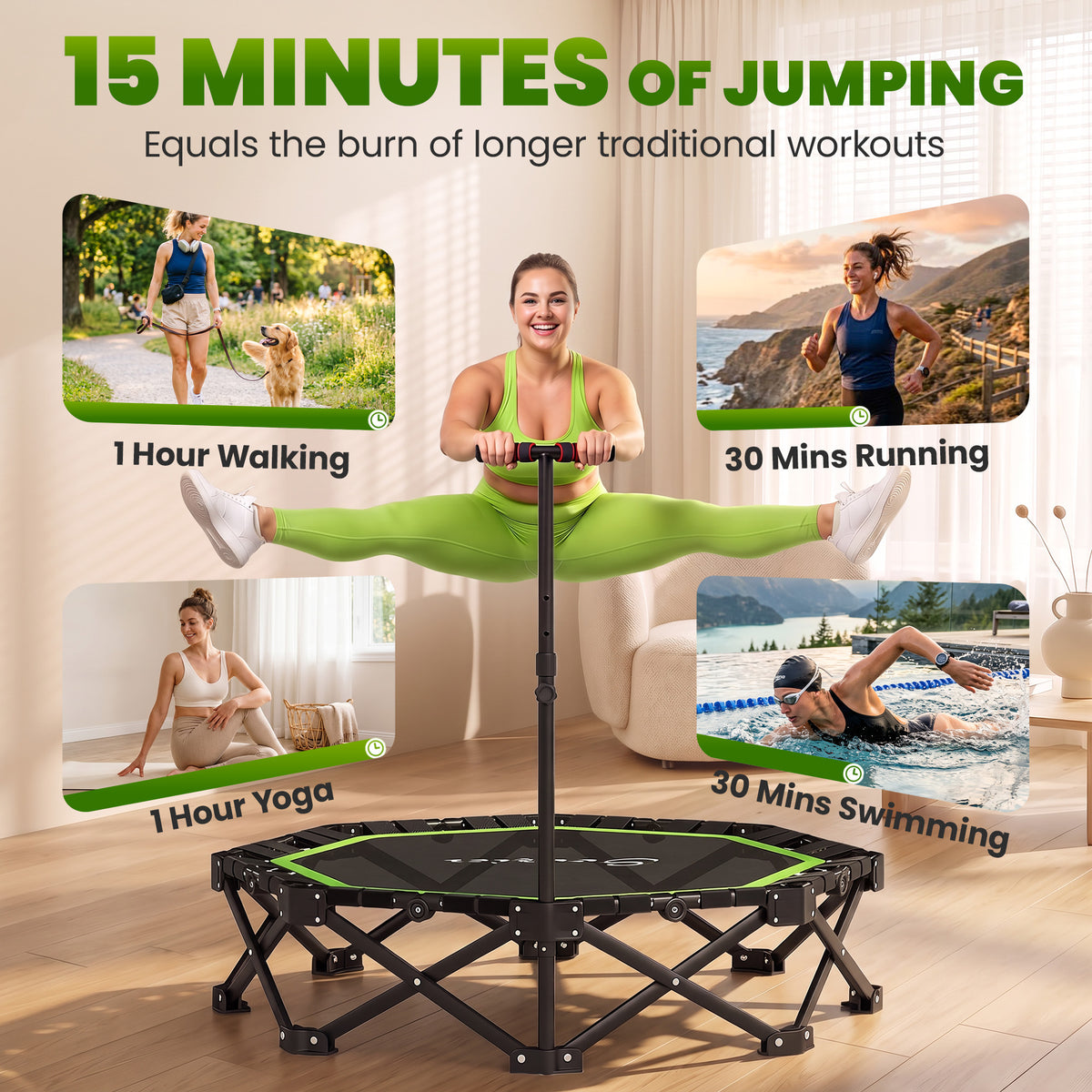 50" Foldable Mini Trampoline for Adults, One-Step Fold & Open, 550LBS Capacity, 3-Level Adjustable Handle, Green
