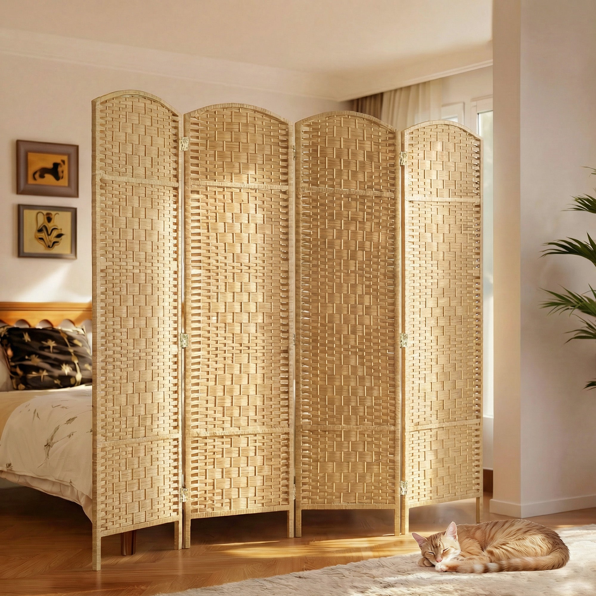 Folding Room Divider Screen 4 Panel 6' Tall Privacy Screen Freestanding Wood Partition for Home Office, Nature Wood