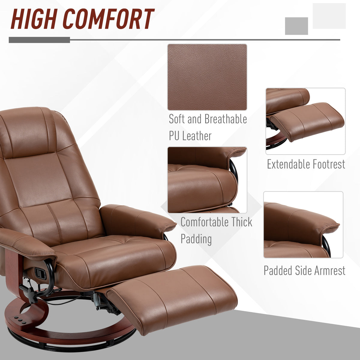 Air Leather Manual Recliner, Adjustable Swivel Lounge Chair with Footrest, Armrest and Wrapped Wood Base, Brown