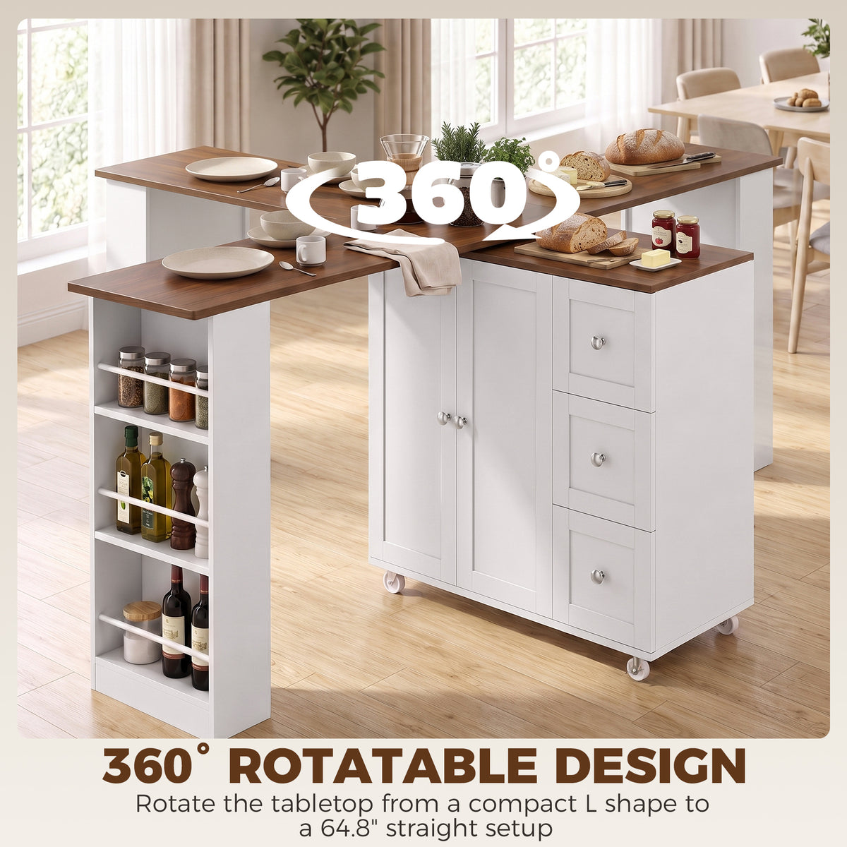 Bar Table with Storage Counter Height Table 3 Drawers Side Shelves, Walnut and White