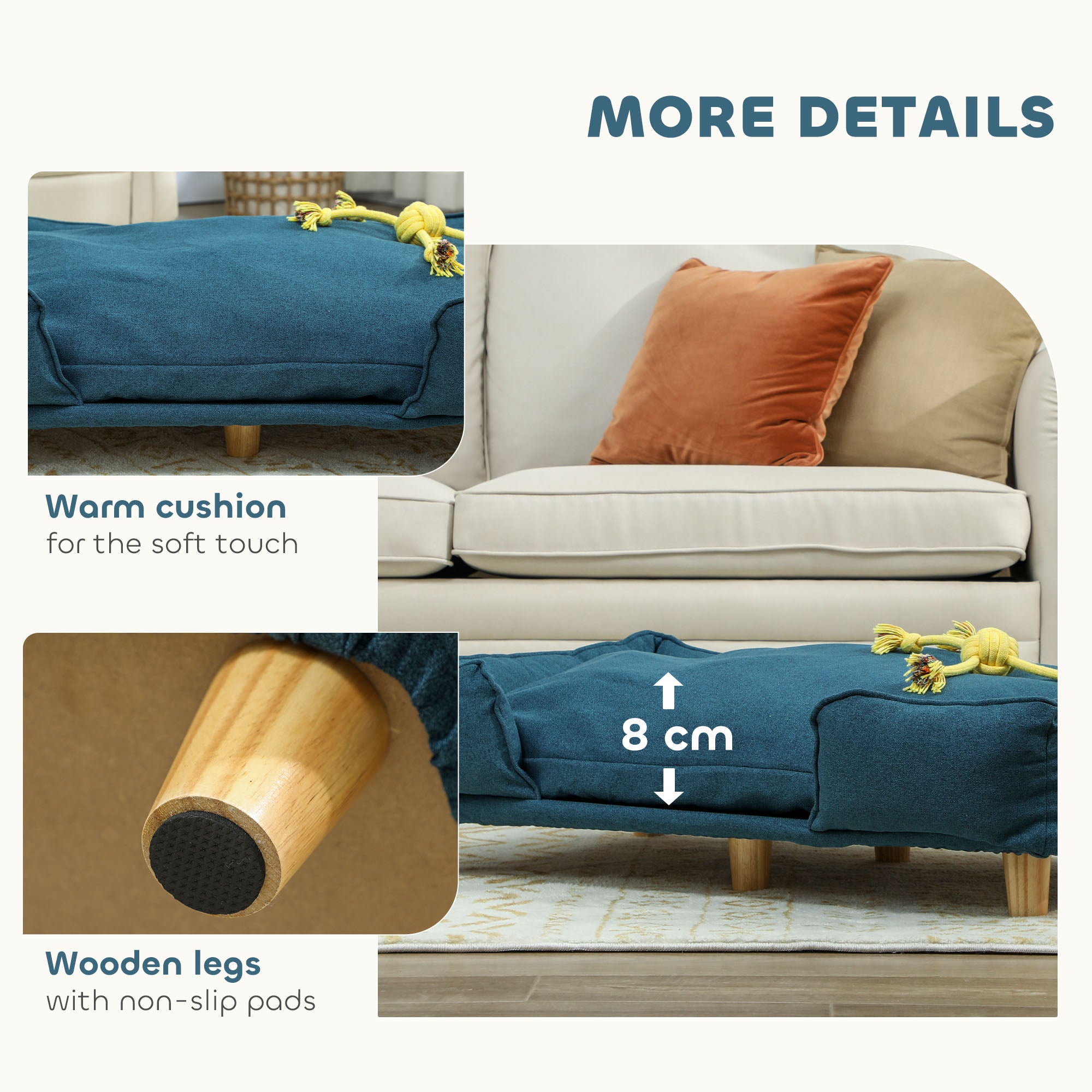 Raised Dog Couch with Comfortable Cushion, Pine Wood Legs, Foot Pads for Large-Sized Dogs Indoor Use, Dark Blue - Blue - Image 6