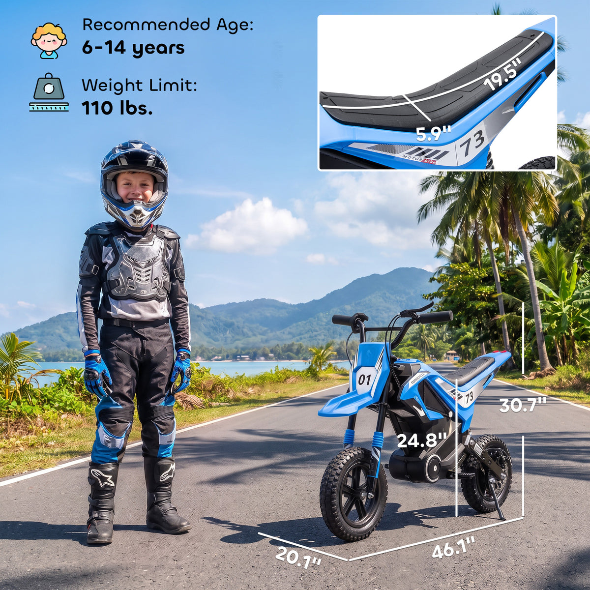 24V Kids Electric Motorcycle with 180W Brushless Motor, Suspension, Soft Start, 12" Rubber Tires for 6+ Years, Blue