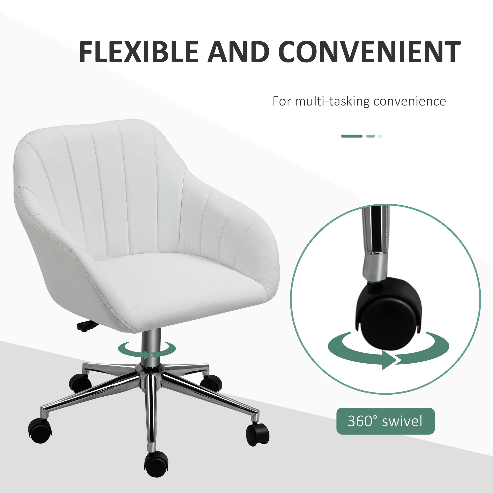 Mid Back Home Office Chair Computer Desk Chair with PU Leather, Adjustable Height, Swivel Wheels for Study, Bedroom, White