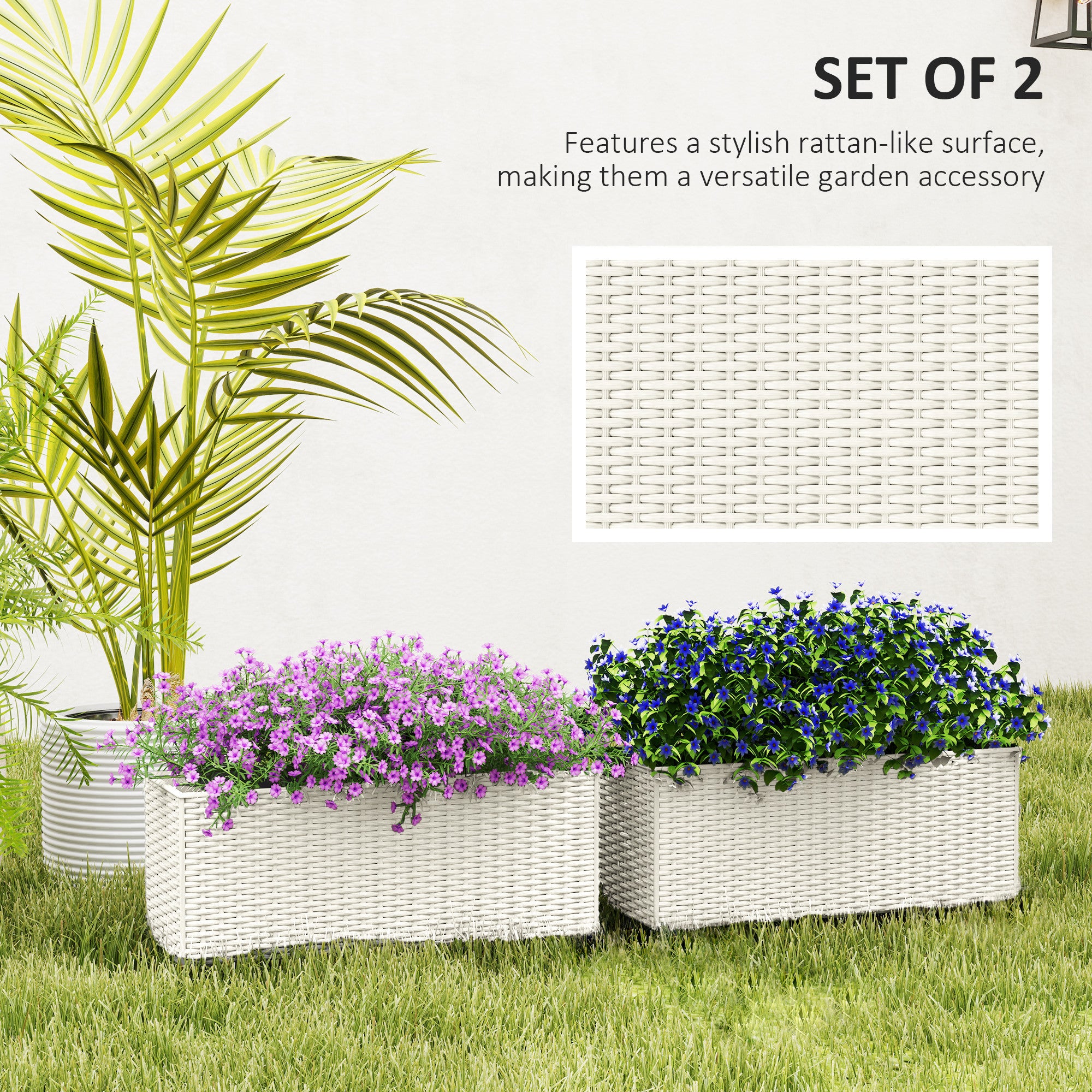 2 Pack 20 Inch Railing Flower Pots, Hanging Flower Pots with Hooks, Drainage Holes for Fence, Rattan Look, White - White - Image 4