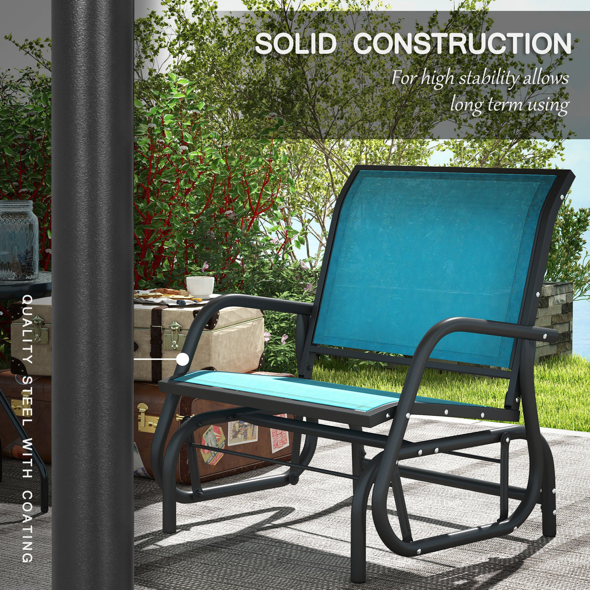 2 Pieces Outdoor Glider Chair, Steel Swing Chai with Curved Armrests for Porch, Garden, Poolside, Balcony, Blue