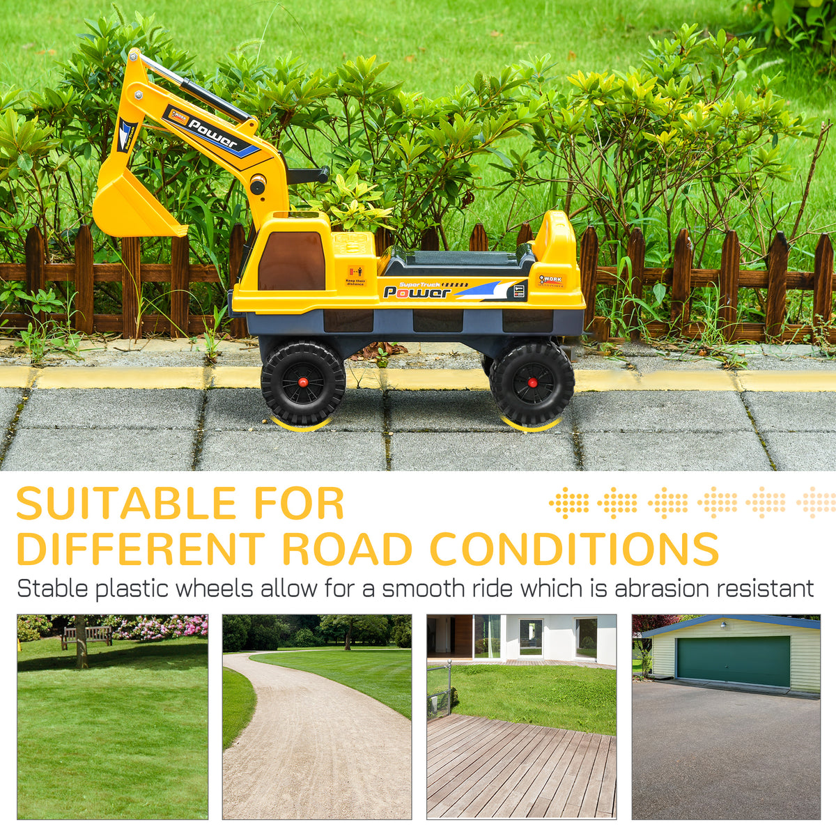 Qaba No Power 2 in 1 Ride On Excavator with Helmet and Claw, Construction Truck Set, Multi-Functional Digger with Storage, Light and Music, Yellow