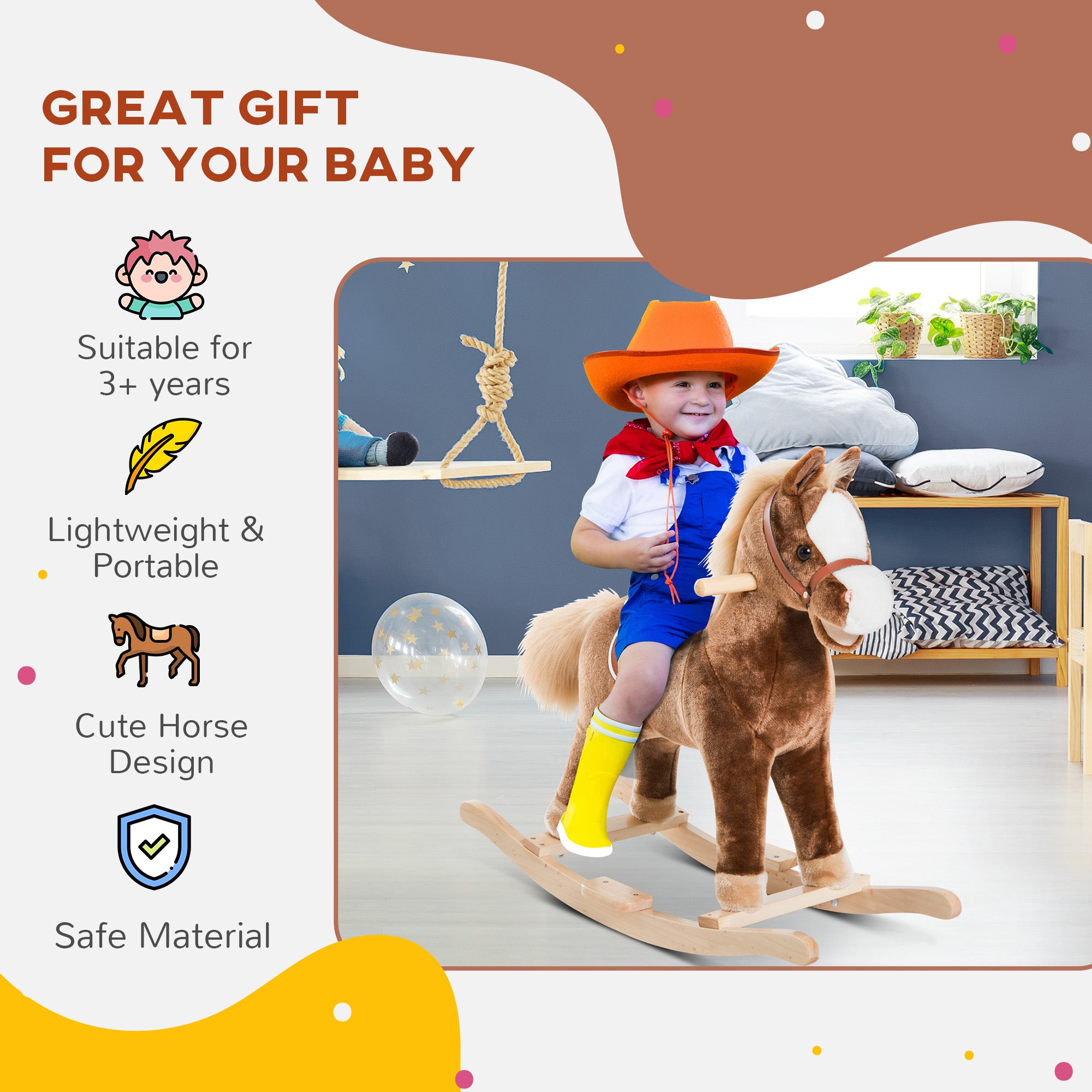 Kids Rocking Horse Plush Toddler Rocker Wooden Base Ride On Toy