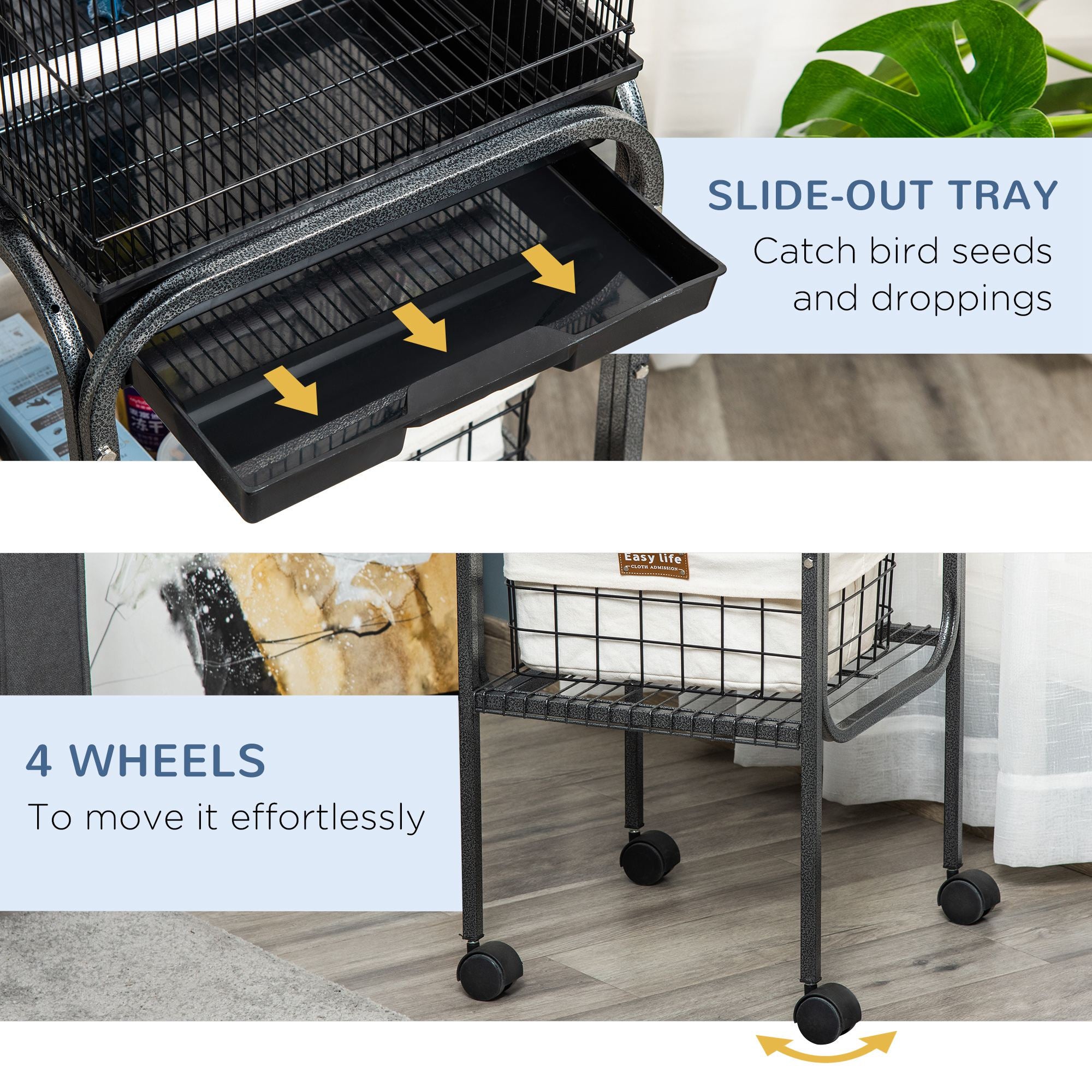 45-inch Metal Indoor Bird Cage, Parrot Cage, Bird Aviary with Detachable Rolling Stand, Storage Basket, and Accessories - Black - BLACK - Image 6